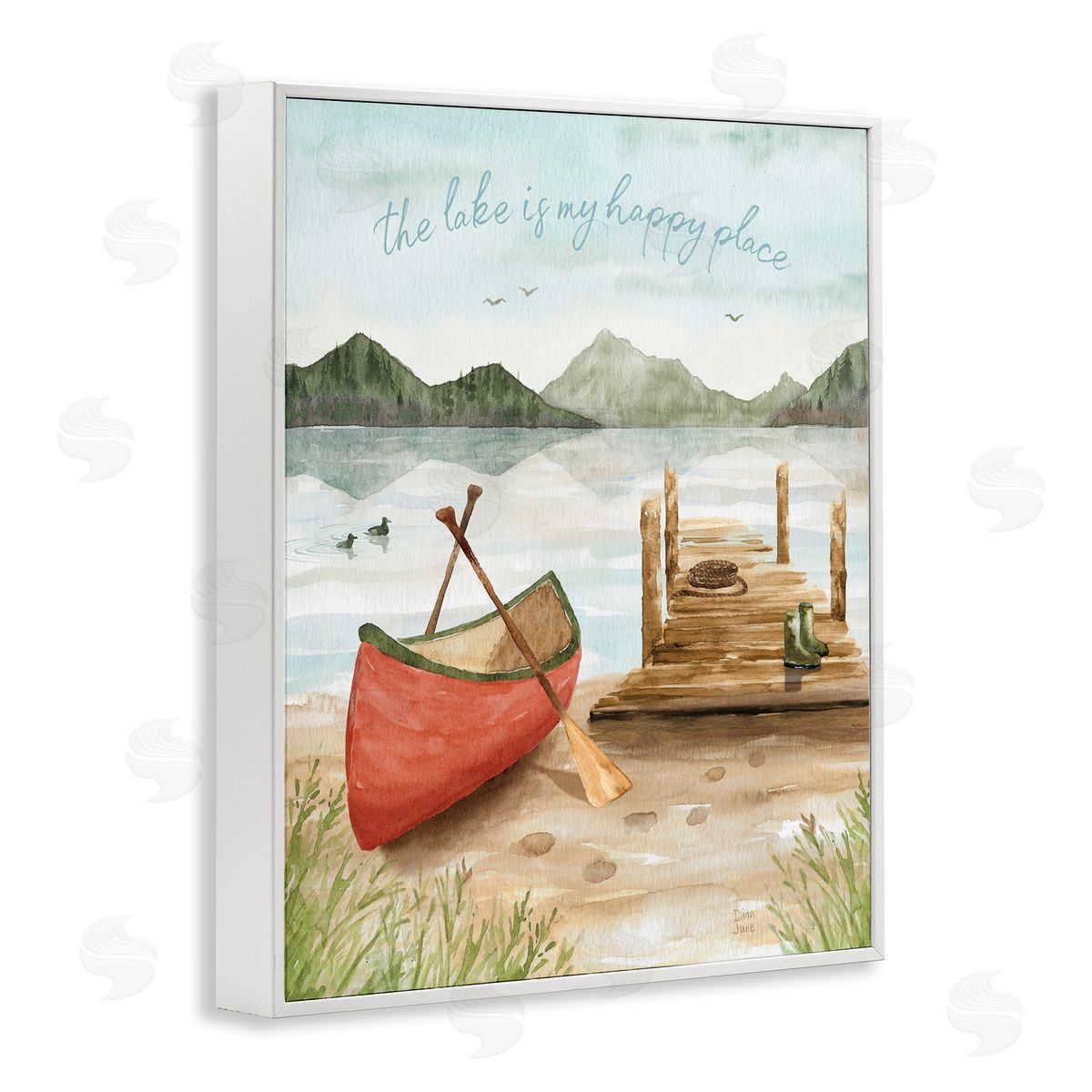 Dina June Lake's My Happy Place Phrase Boat Dock Landscape White Framed Glicee Wall Art Print