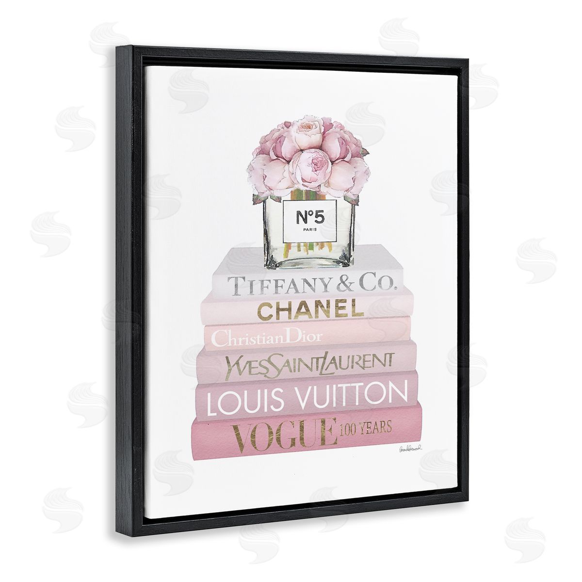 Pink Rose Bouquet Bookstack Black Floating Frame Canvas Wall Art, Home Decor by Amanda Greenwood