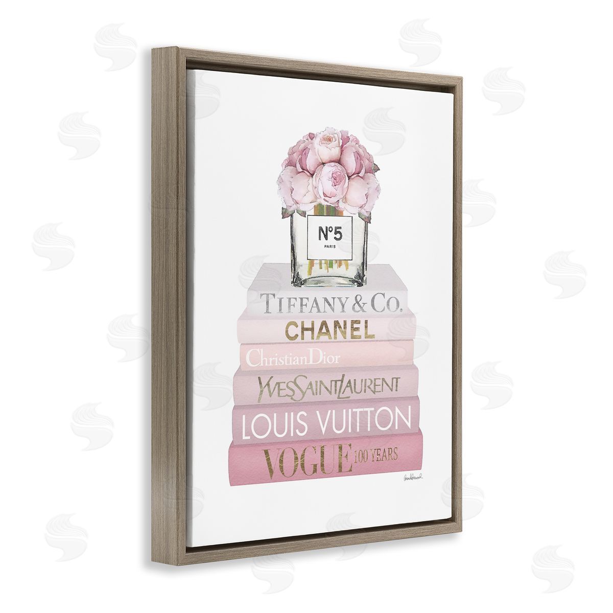 Pink Rose Bouquet Bookstack Brown Floating Frame Canvas Wall Art, Home Decor by Amanda Greenwood