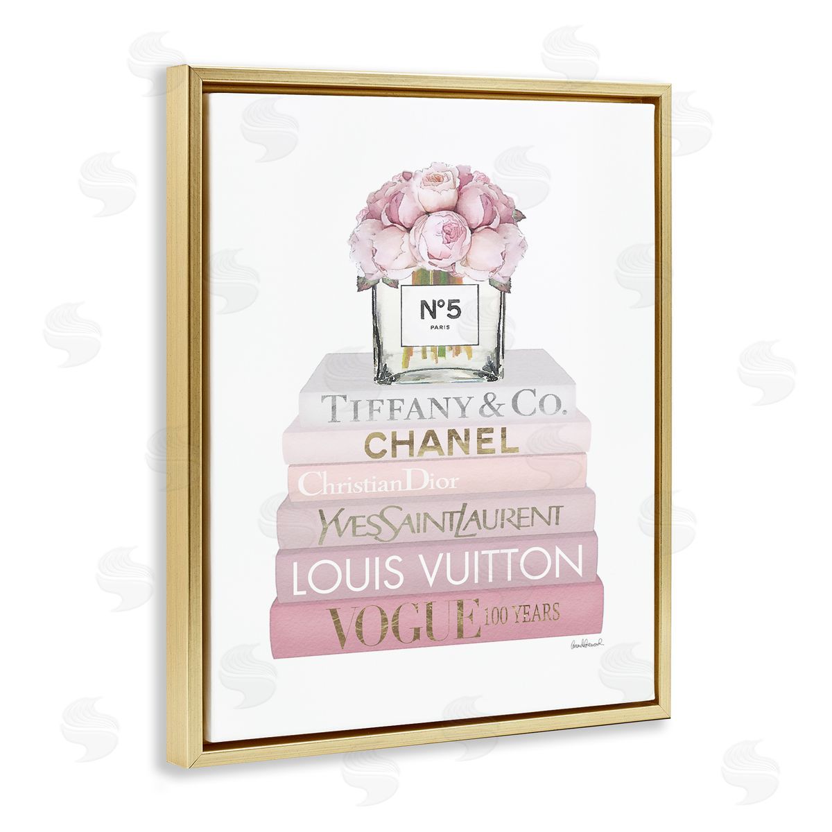 Pink Rose Bouquet Bookstack Gold Floating Frame Canvas Wall Art, Home Decor by Amanda Greenwood