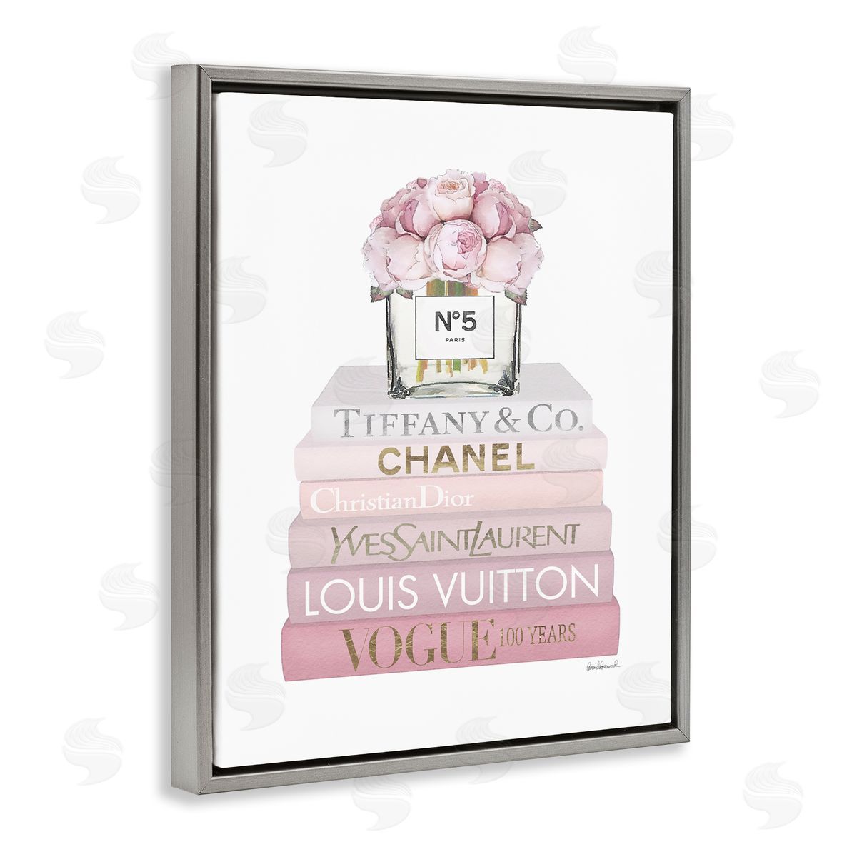 Pink Rose Bouquet Bookstack Grey Floating Frame Canvas Wall Art, Home Decor by Amanda Greenwood