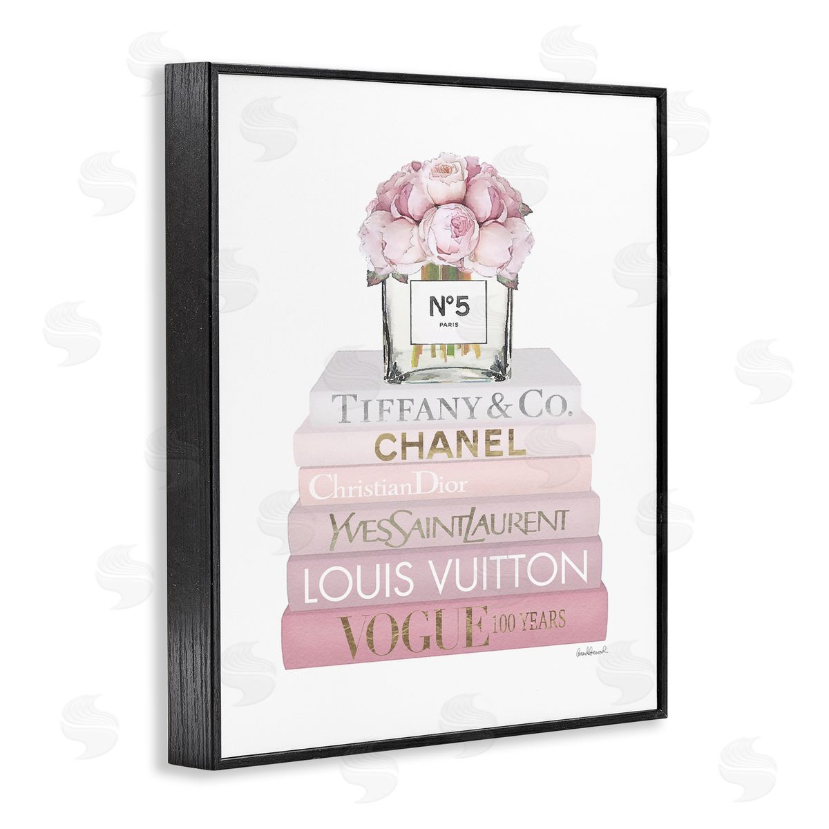 Pink Rose Bouquet Bookstack Black Frame Print Wall Art, Home Decor by Amanda Greenwood