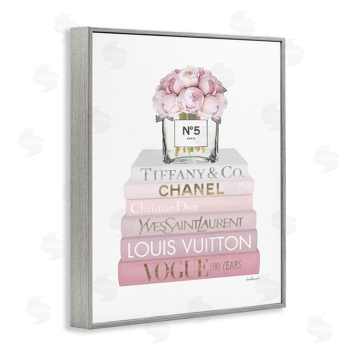 Pink Rose Bouquet Bookstack Grey Frame Print Wall Art, Home Decor by Amanda Greenwood