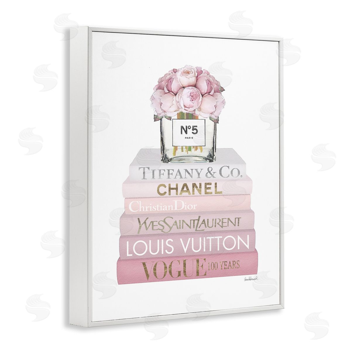 Pink Rose Bouquet Bookstack White Frame Print Wall Art, Home Decor by Amanda Greenwood