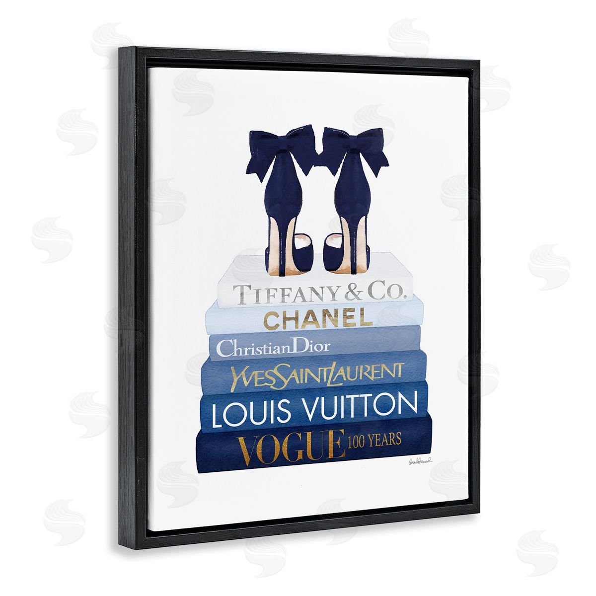 Navy Blue Heels Chic Bookstack Black Floating Frame Canvas Wall Art, Home Decor by Amanda Greenwood