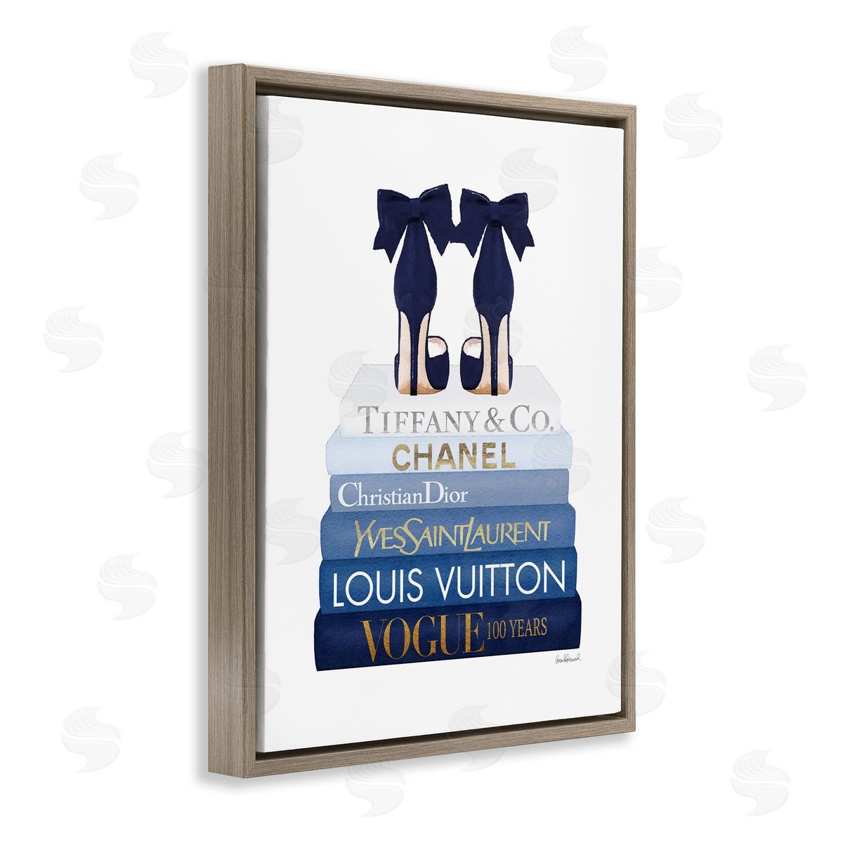 Navy Blue Heels Chic Bookstack Brown Floating Frame Canvas Wall Art, Home Decor by Amanda Greenwood