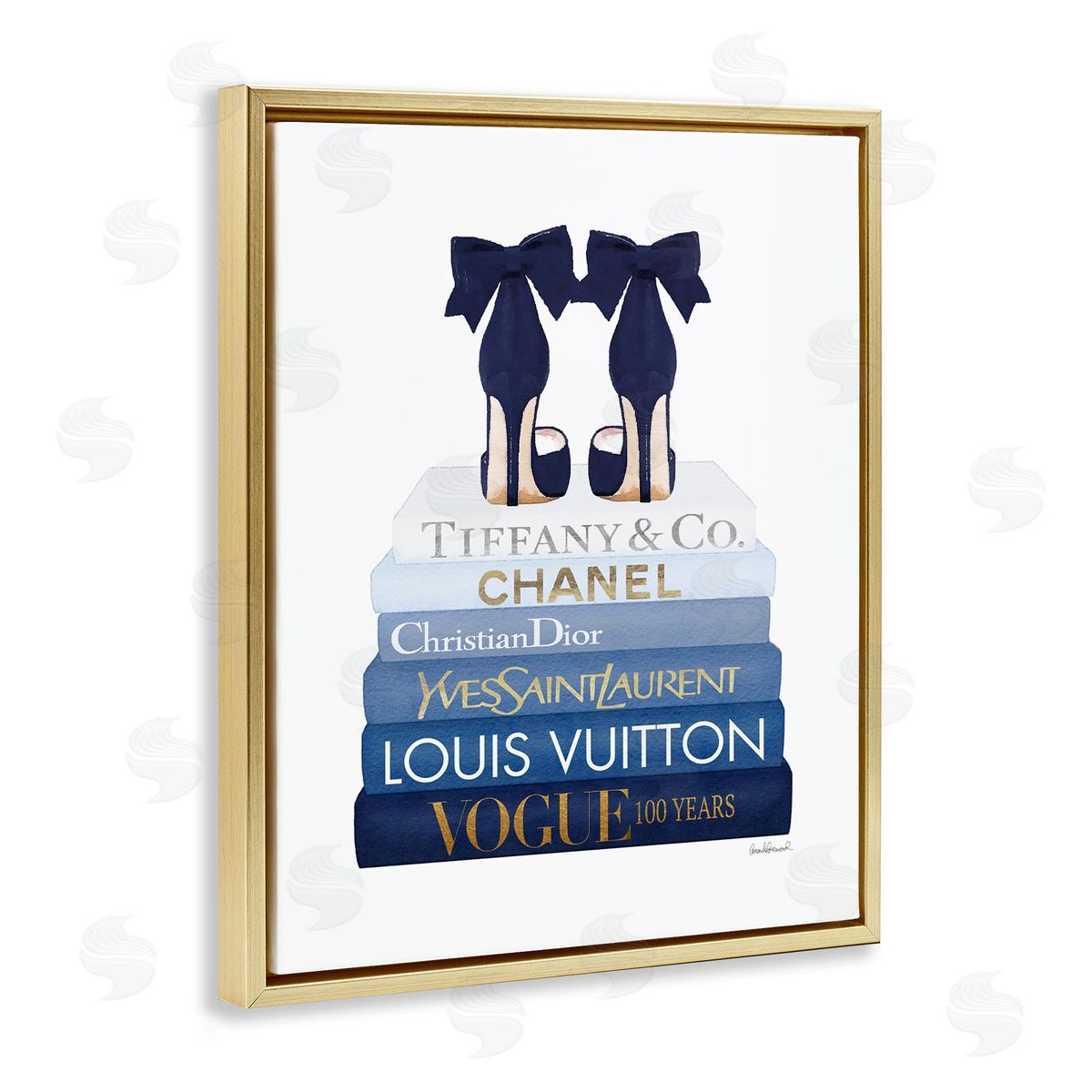 Navy Blue Heels Chic Bookstack Gold Floating Frame Canvas Wall Art, Home Decor by Amanda Greenwood