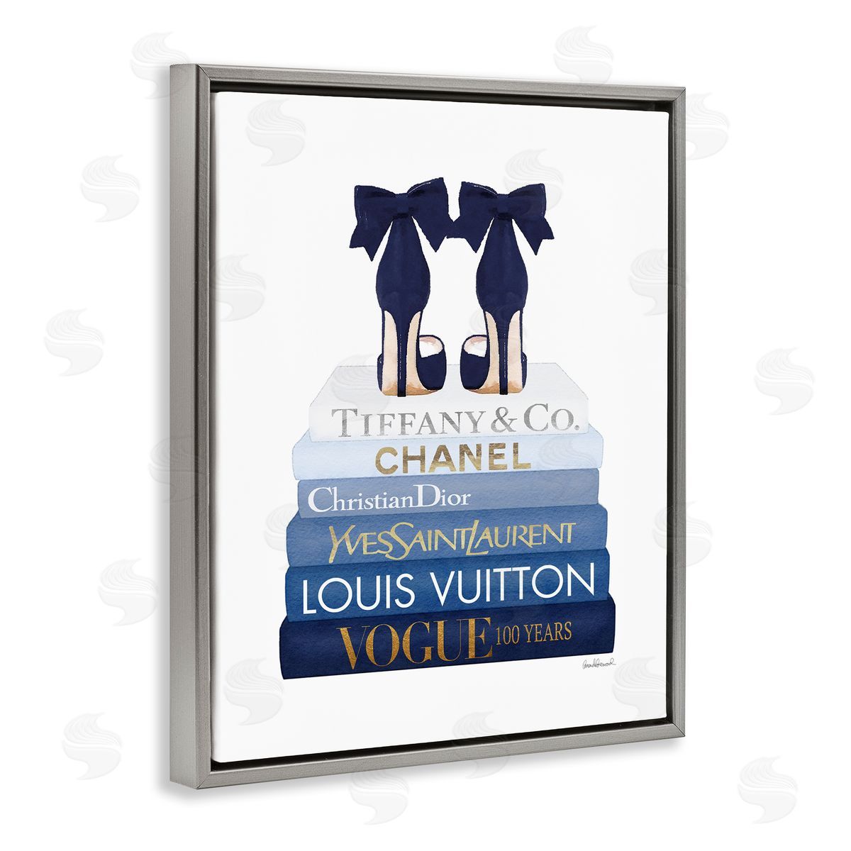 Navy Blue Heels Chic Bookstack Grey Floating Frame Canvas Wall Art, Home Decor by Amanda Greenwood