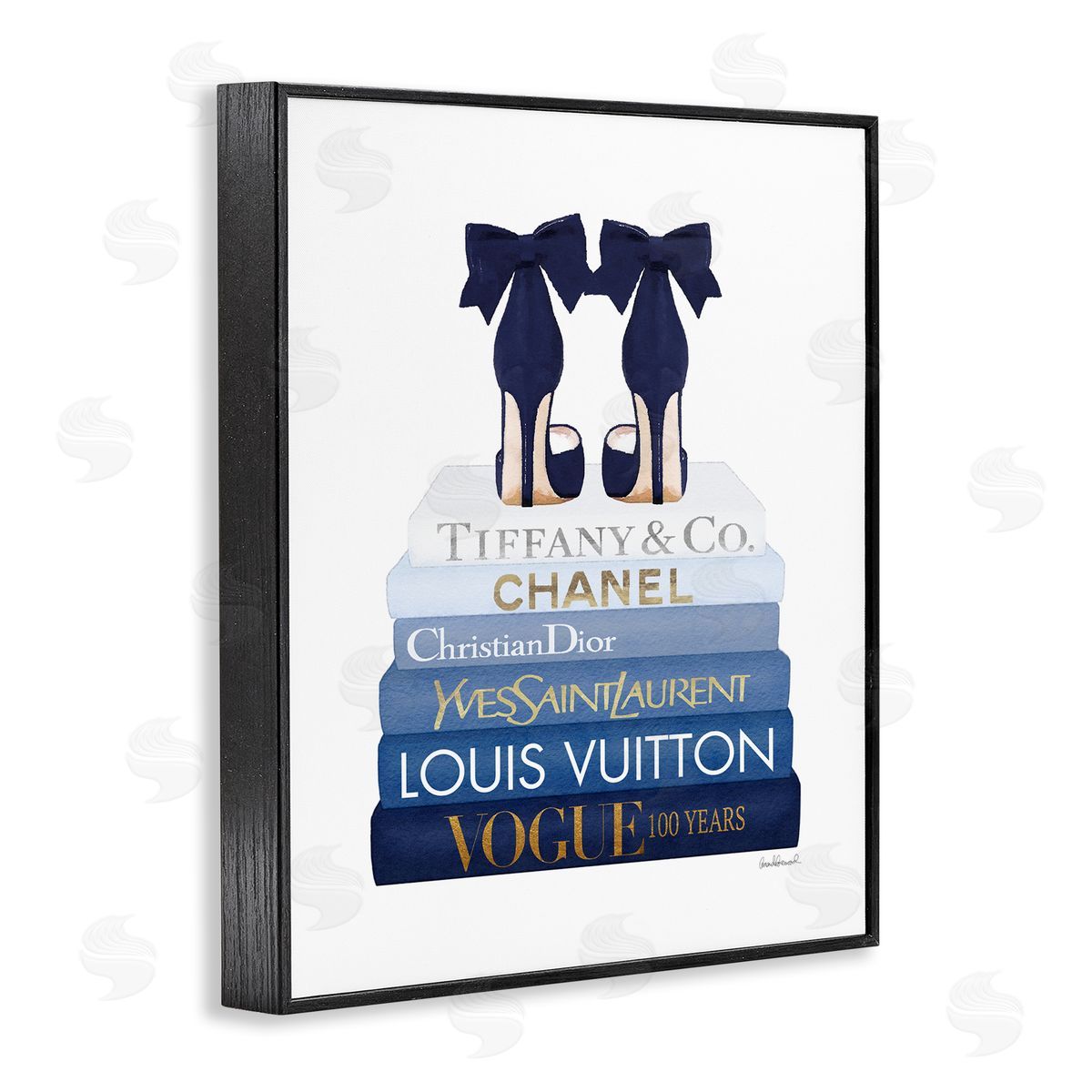 Navy Blue Heels Chic Bookstack Black Frame Print Wall Art, Home Decor by Amanda Greenwood