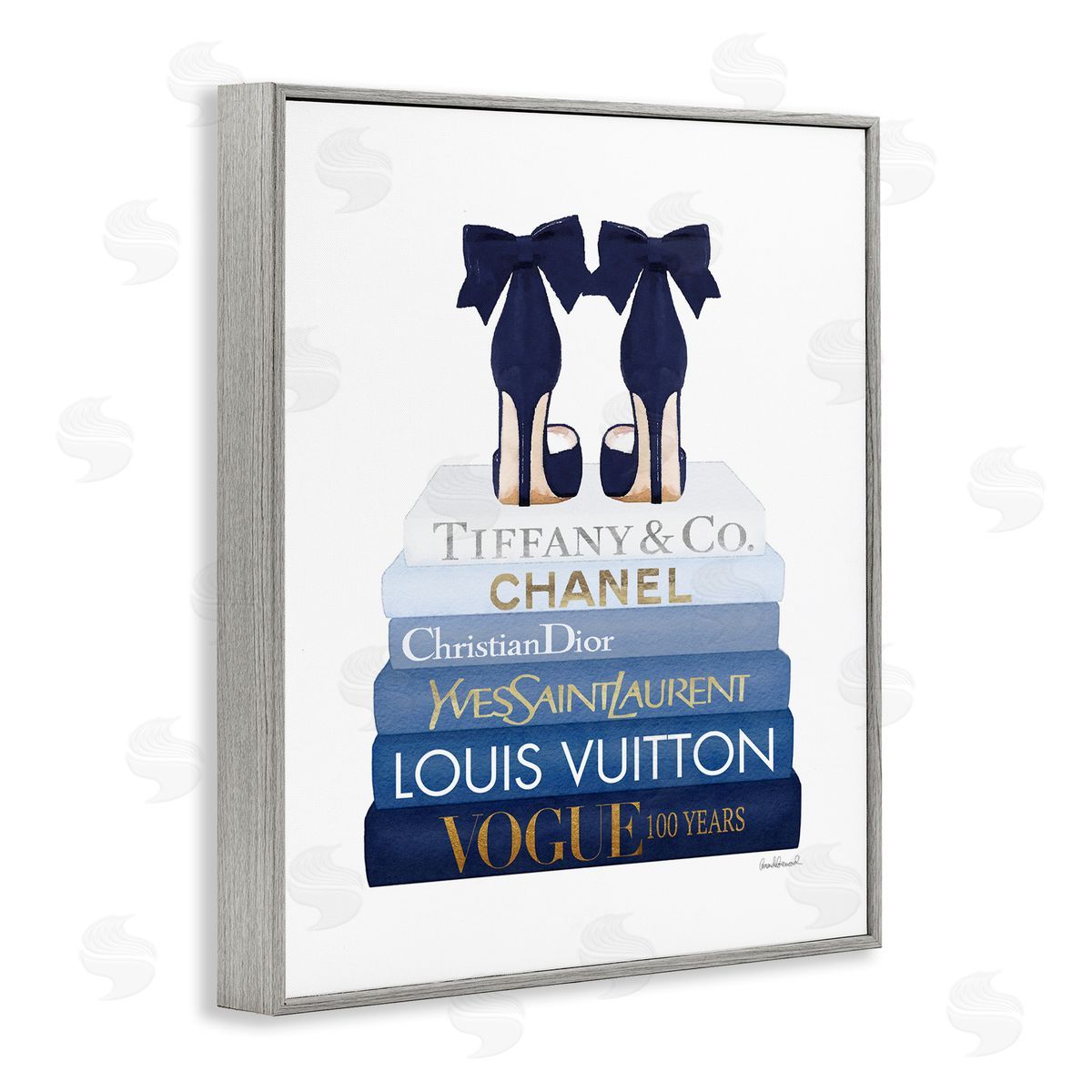 Navy Blue Heels Chic Bookstack Grey Frame Print Wall Art, Home Decor by Amanda Greenwood