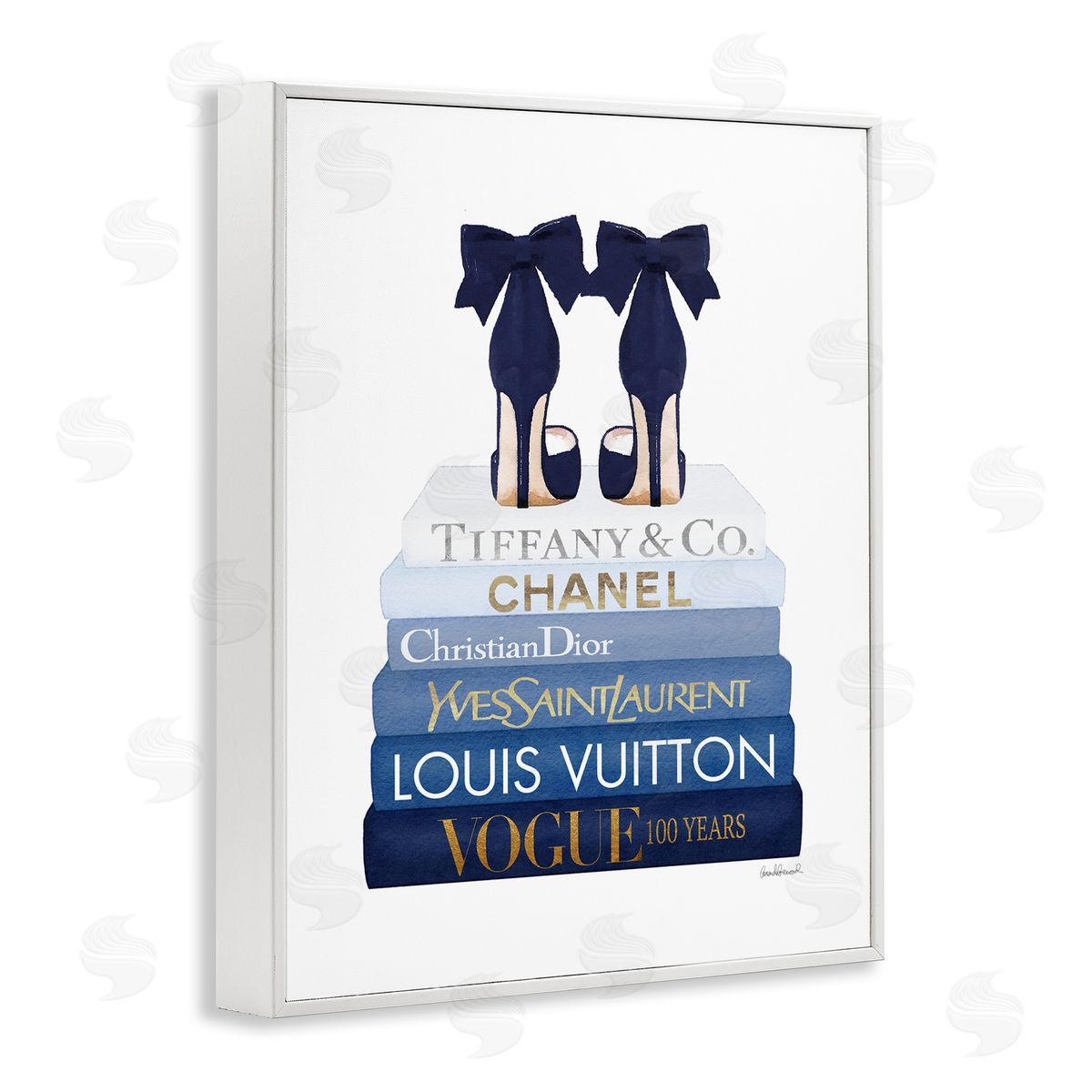 Navy Blue Heels Chic Bookstack White Frame Print Wall Art, Home Decor by Amanda Greenwood