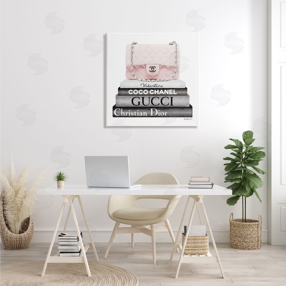 Amanda Greenwood Pink Quilted Purse on Modern Chic Bookstack Canvas Wall Art in Room