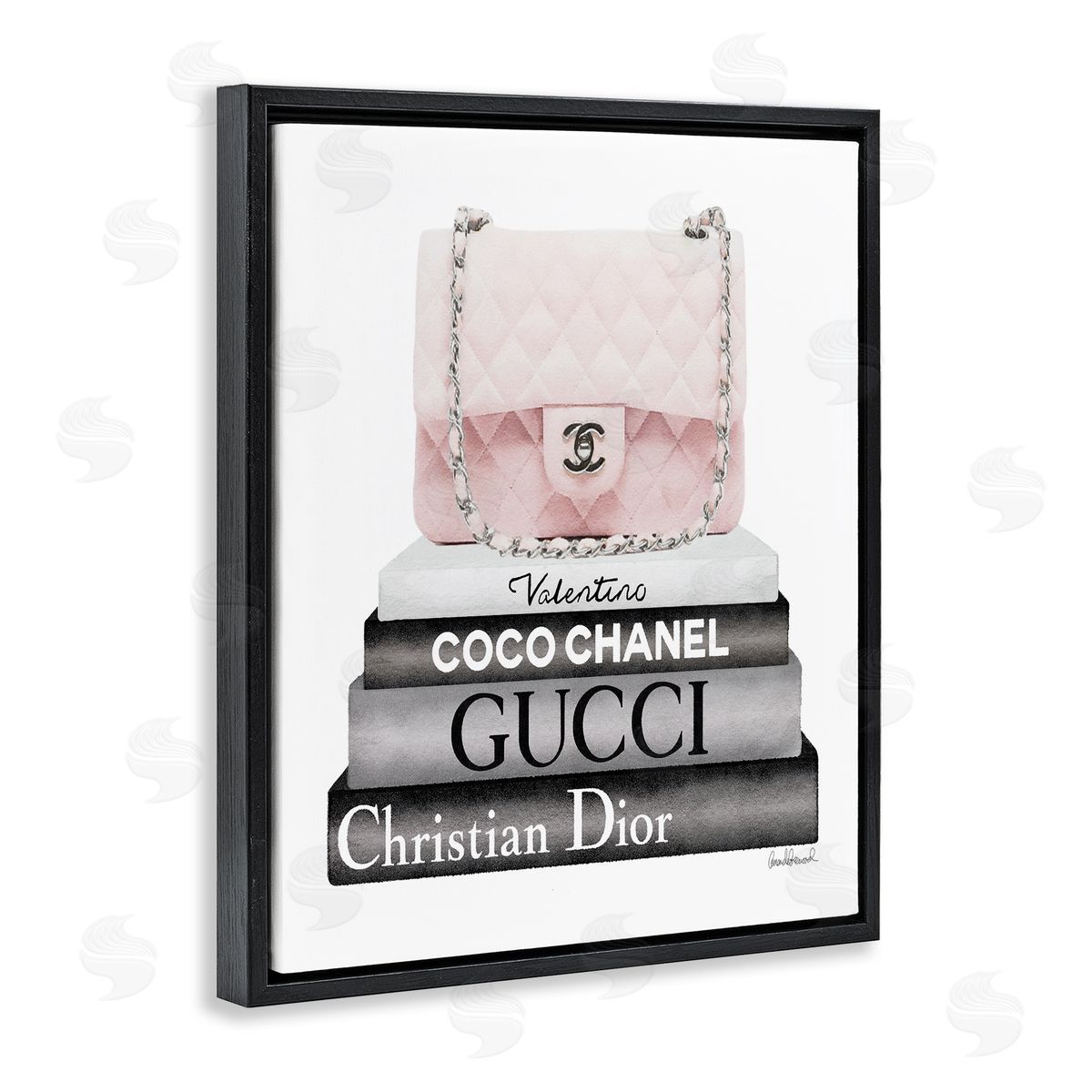Amanda Greenwood Pink Quilted Purse on Modern Chic Bookstack Black Floating Frame Canvas Wall Art Print