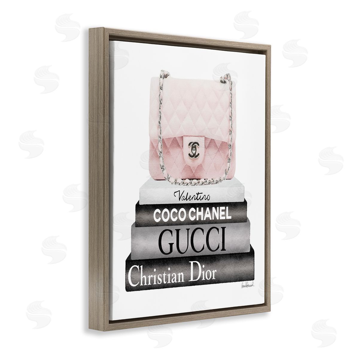 Amanda Greenwood Pink Quilted Purse on Modern Chic Bookstack Brown Floating Frame Canvas Wall Art Print