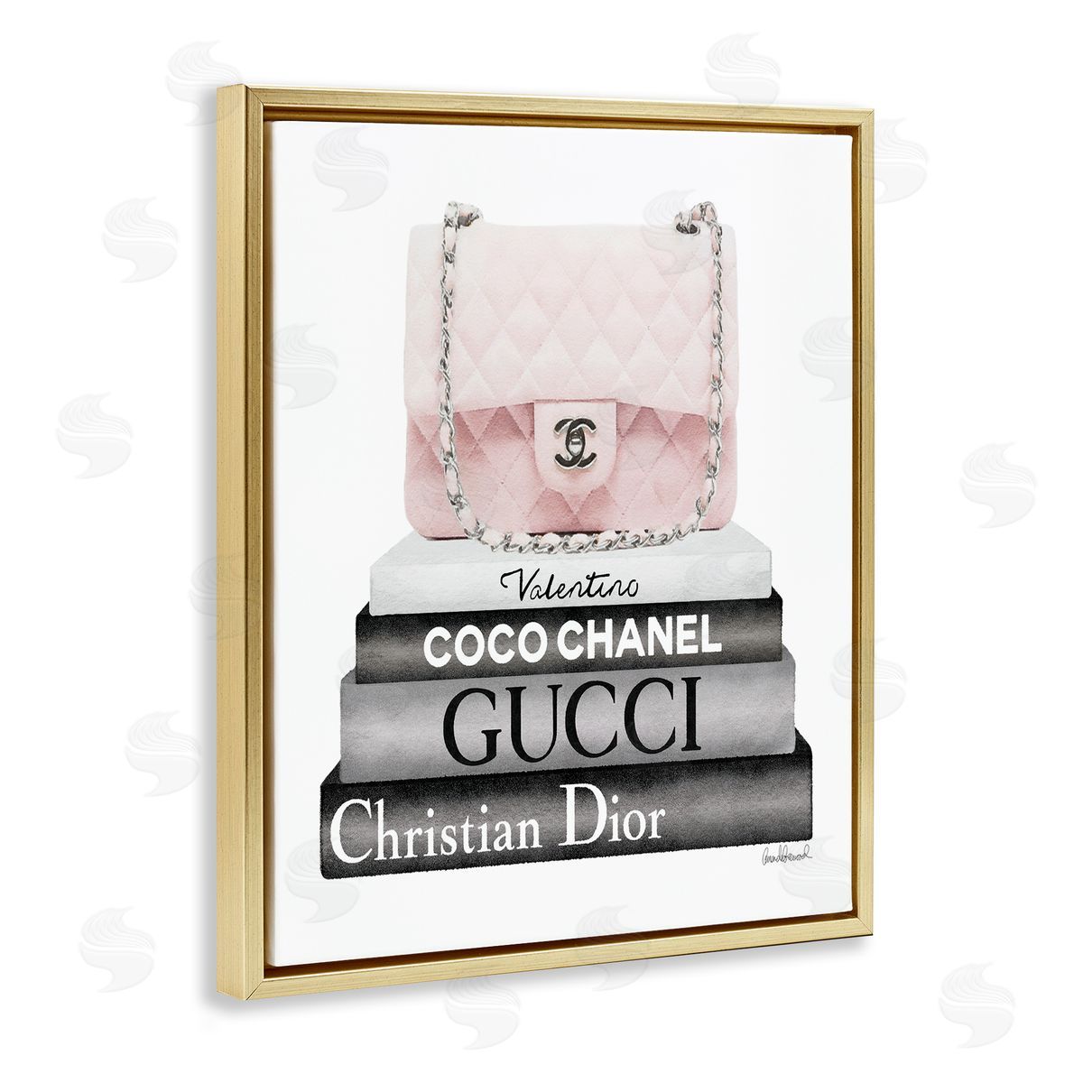 Amanda Greenwood Pink Quilted Purse on Modern Chic Bookstack Gold Floating Frame Canvas Wall Art Print
