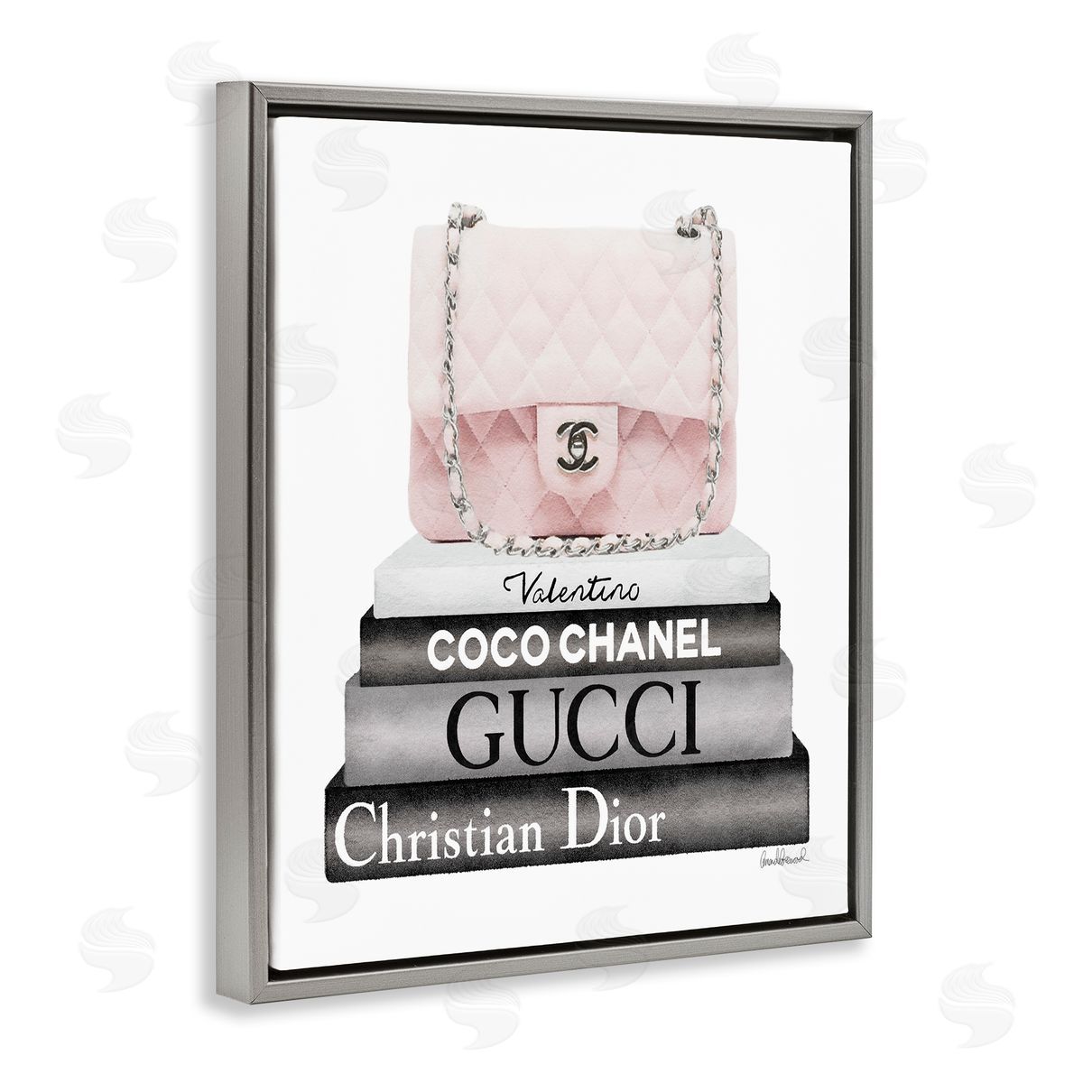 Amanda Greenwood Pink Quilted Purse on Modern Chic Bookstack Gray Floating Frame Canvas Wall Art Print