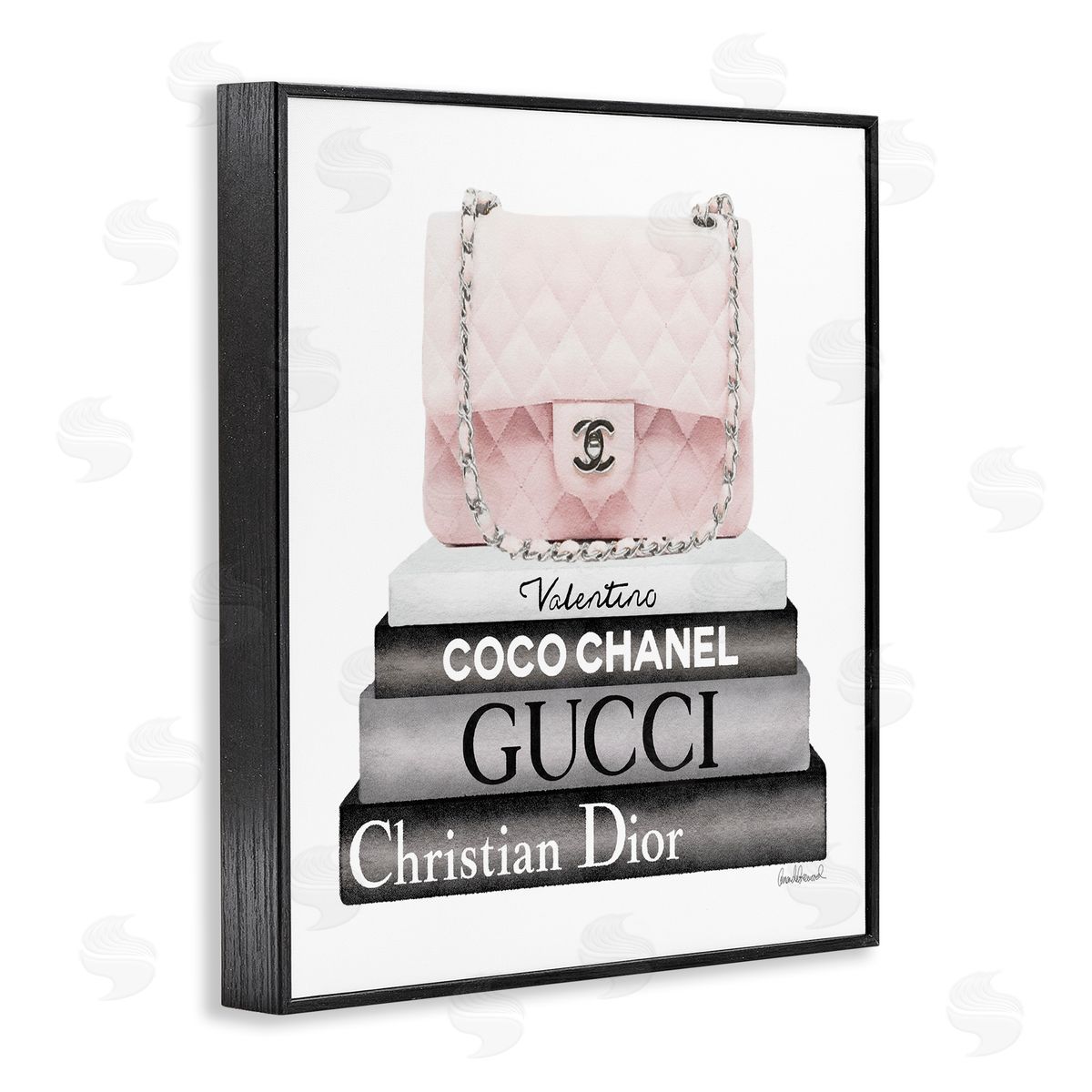 Amanda Greenwood Pink Quilted Purse on Modern Chic Bookstack Black Framed Glicee Wall Art Print