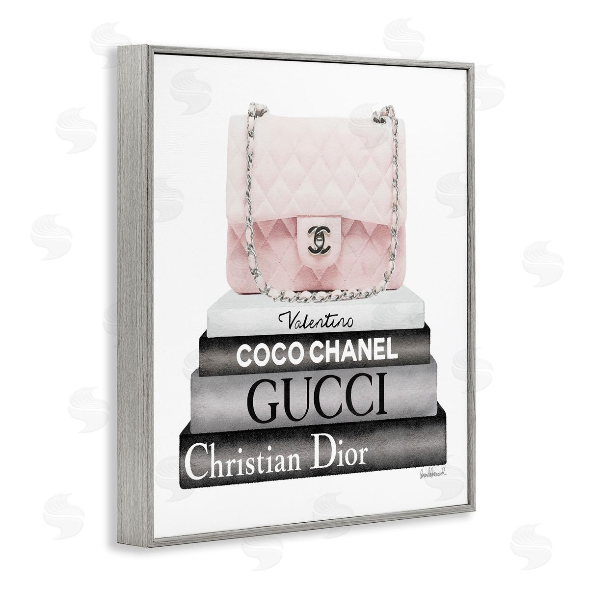 Amanda Greenwood Pink Quilted Purse on Modern Chic Bookstack Gray Framed Glicee Wall Art Print