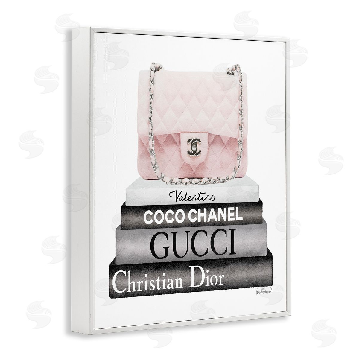 Amanda Greenwood Pink Quilted Purse on Modern Chic Bookstack White Framed Glicee Wall Art Print