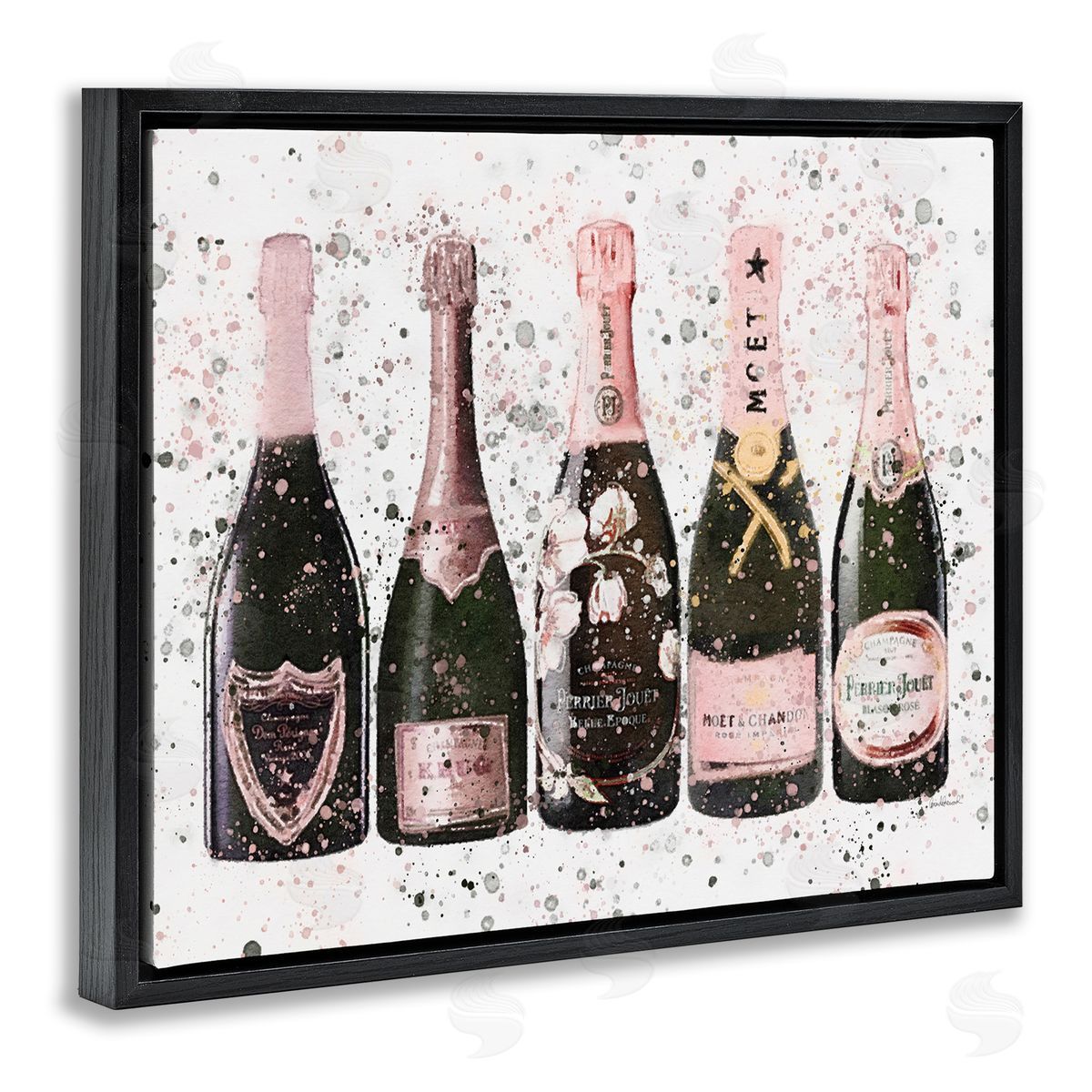 Chic Pink Rose Bottles Black Floating Frame Canvas Wall Art, Home Decor by Amanda Greenwood