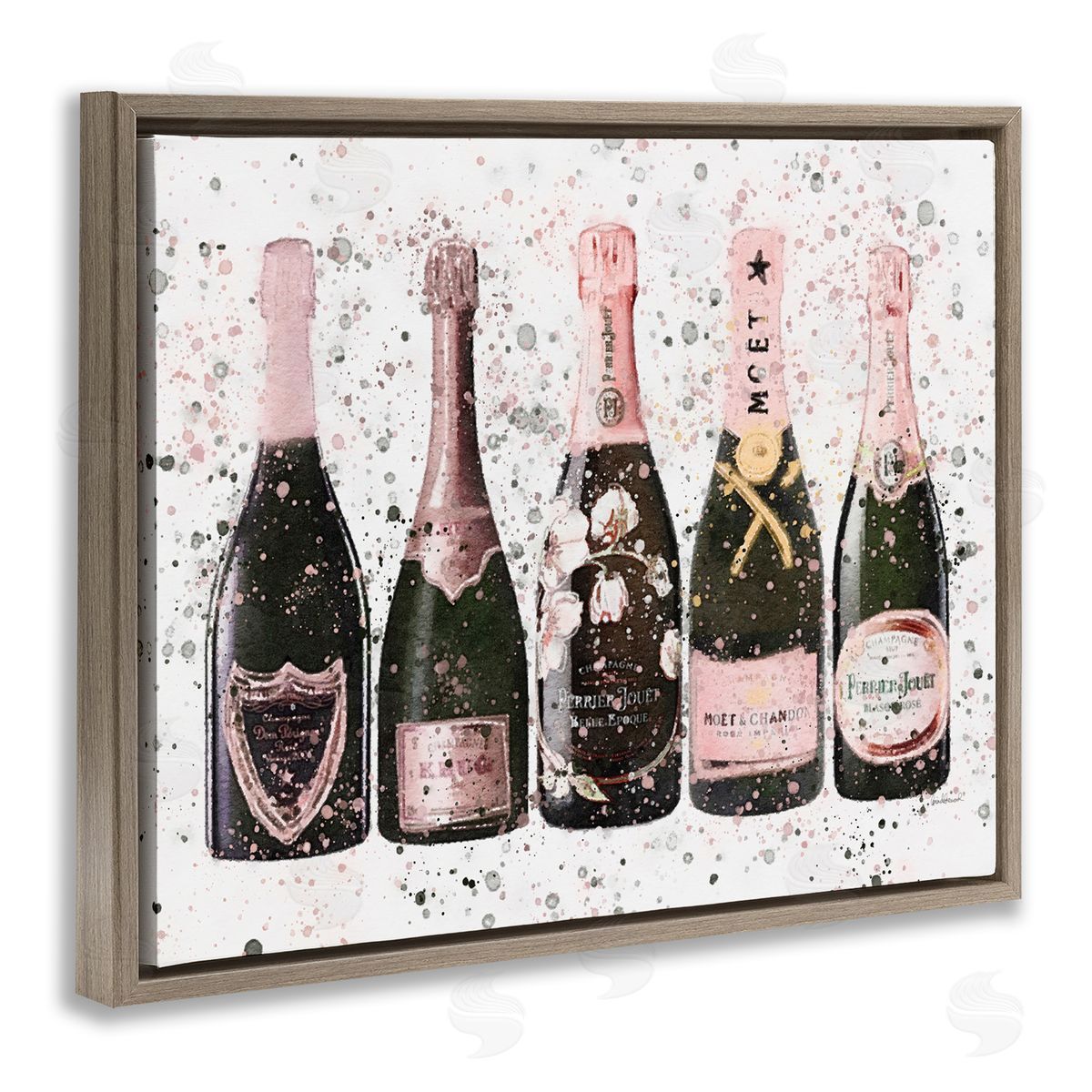 Chic Pink Rose Bottles Brown Floating Frame Canvas Wall Art, Home Decor by Amanda Greenwood