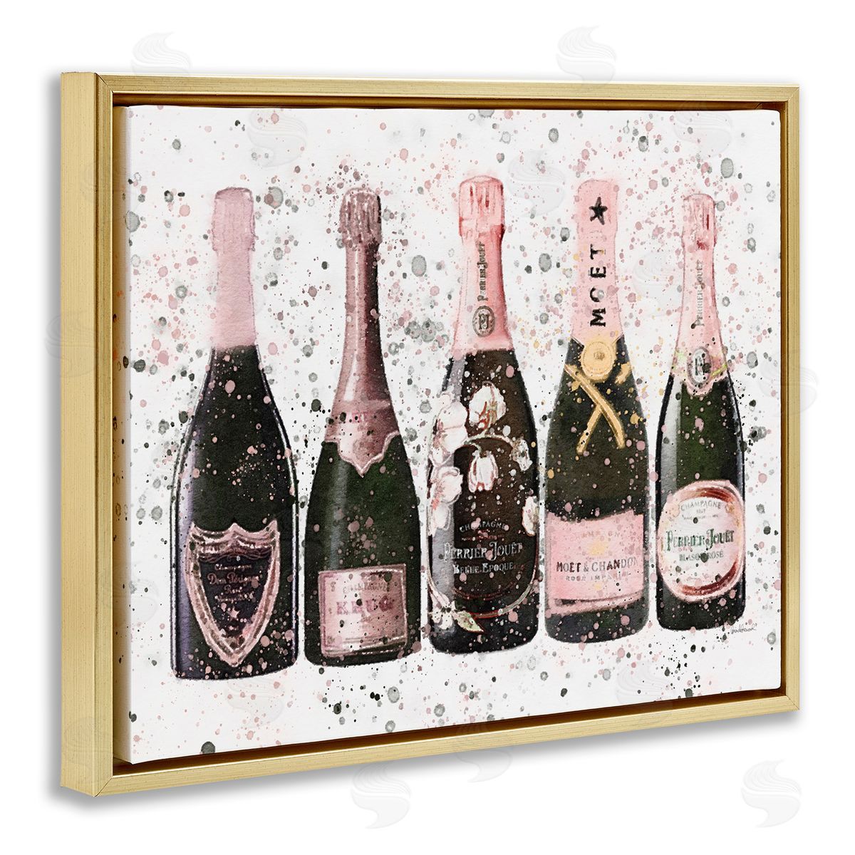 Chic Pink Rose Bottles Gold Floating Frame Canvas Wall Art, Home Decor by Amanda Greenwood