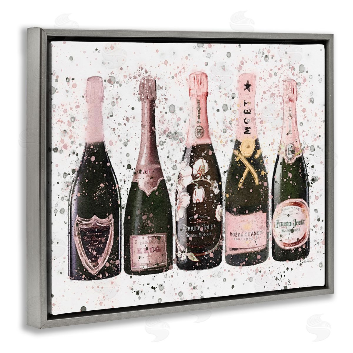 Chic Pink Rose Bottles Grey Floating Frame Canvas Wall Art, Home Decor by Amanda Greenwood