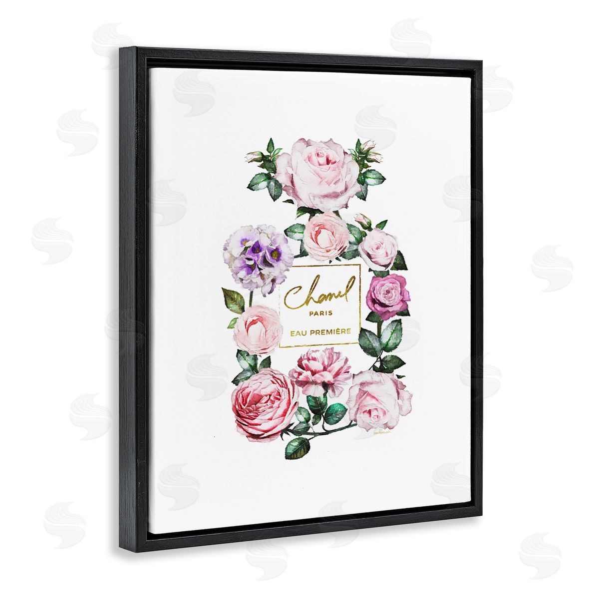 Spring Garden Perfume Bottle Black Floating Frame Canvas Wall Art, Home Decor by Amanda Greenwood