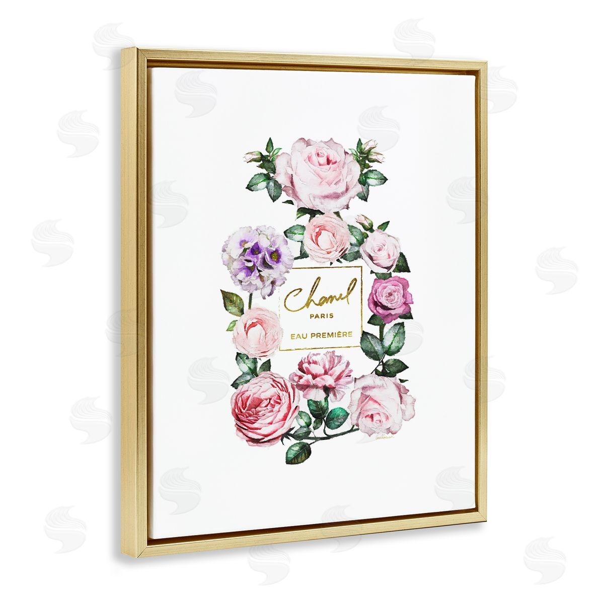 Spring Garden Perfume Bottle Gold Floating Frame Canvas Wall Art, Home Decor by Amanda Greenwood