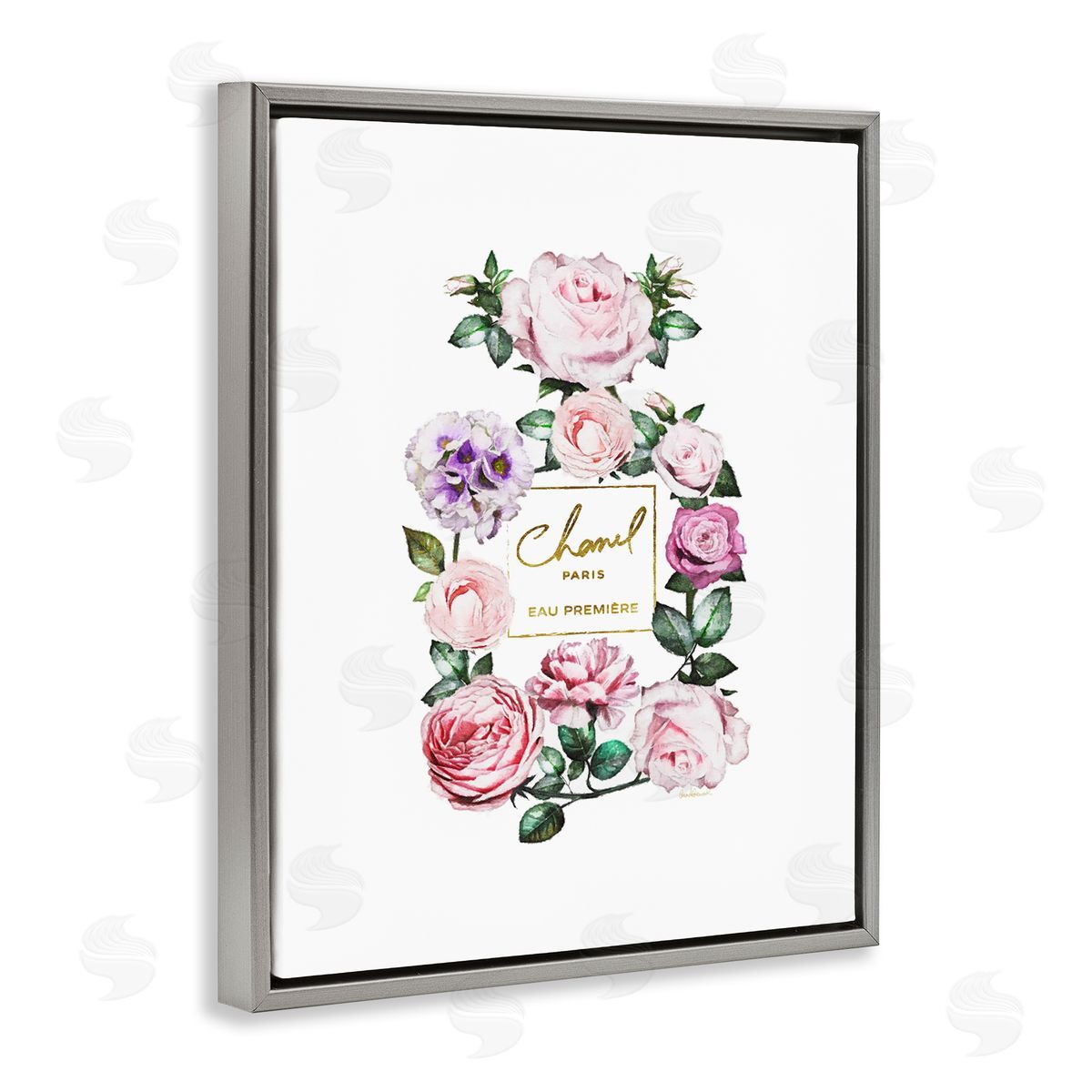 Spring Garden Perfume Bottle Grey Floating Frame Canvas Wall Art, Home Decor by Amanda Greenwood