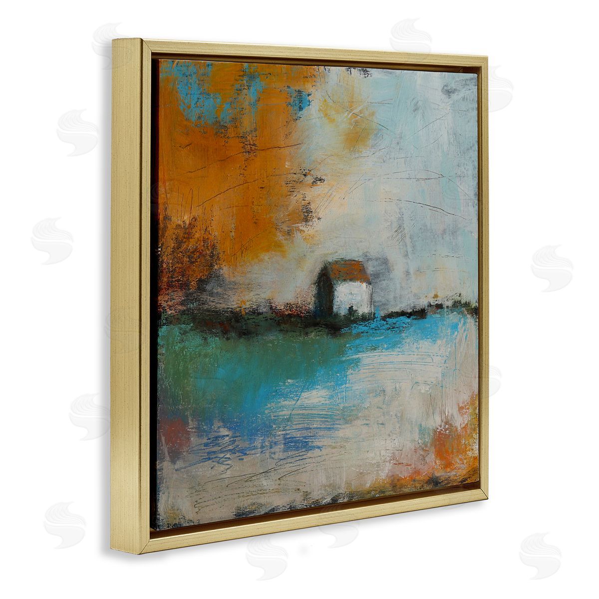 Judi Bagnato Abstract Country Farmhouse Landscape Orange Blue Sky Gold Floating Frame Canvas Wall Art Print