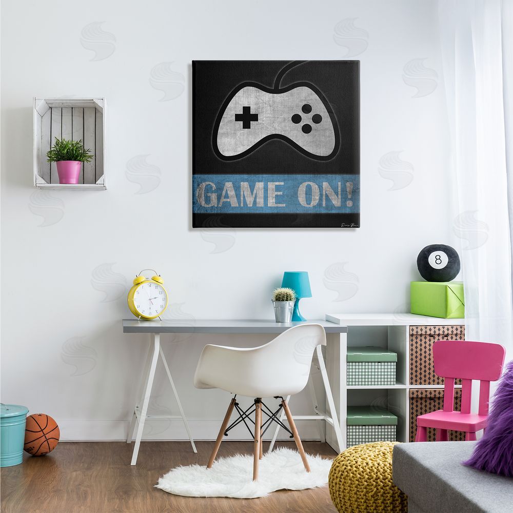 Denise Brown Game On Gamer Phrase Retro Distressed Controller Canvas Wall Art in Room