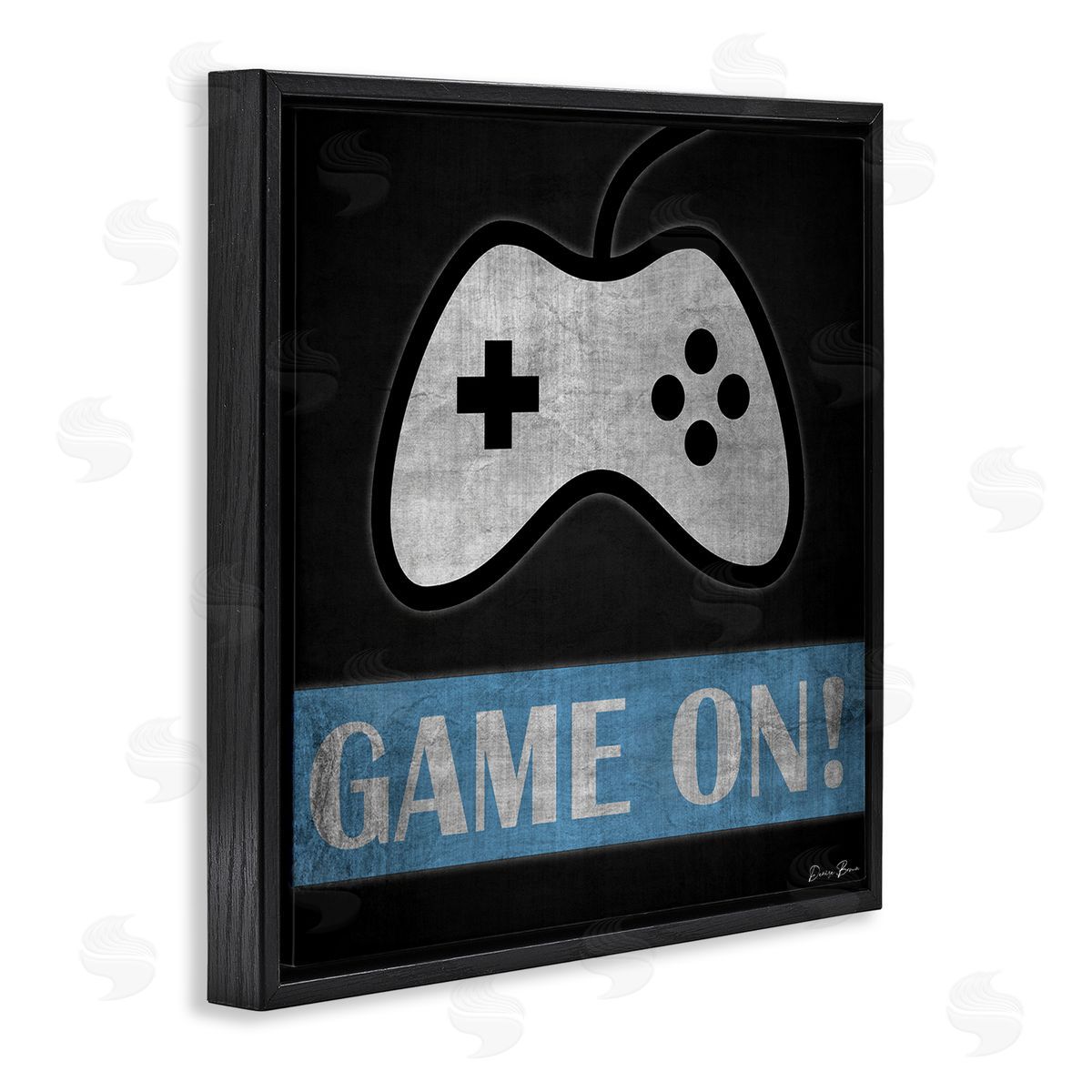 Denise Brown Game On Gamer Phrase Retro Distressed Controller Black Floating Frame Canvas Wall Art Print