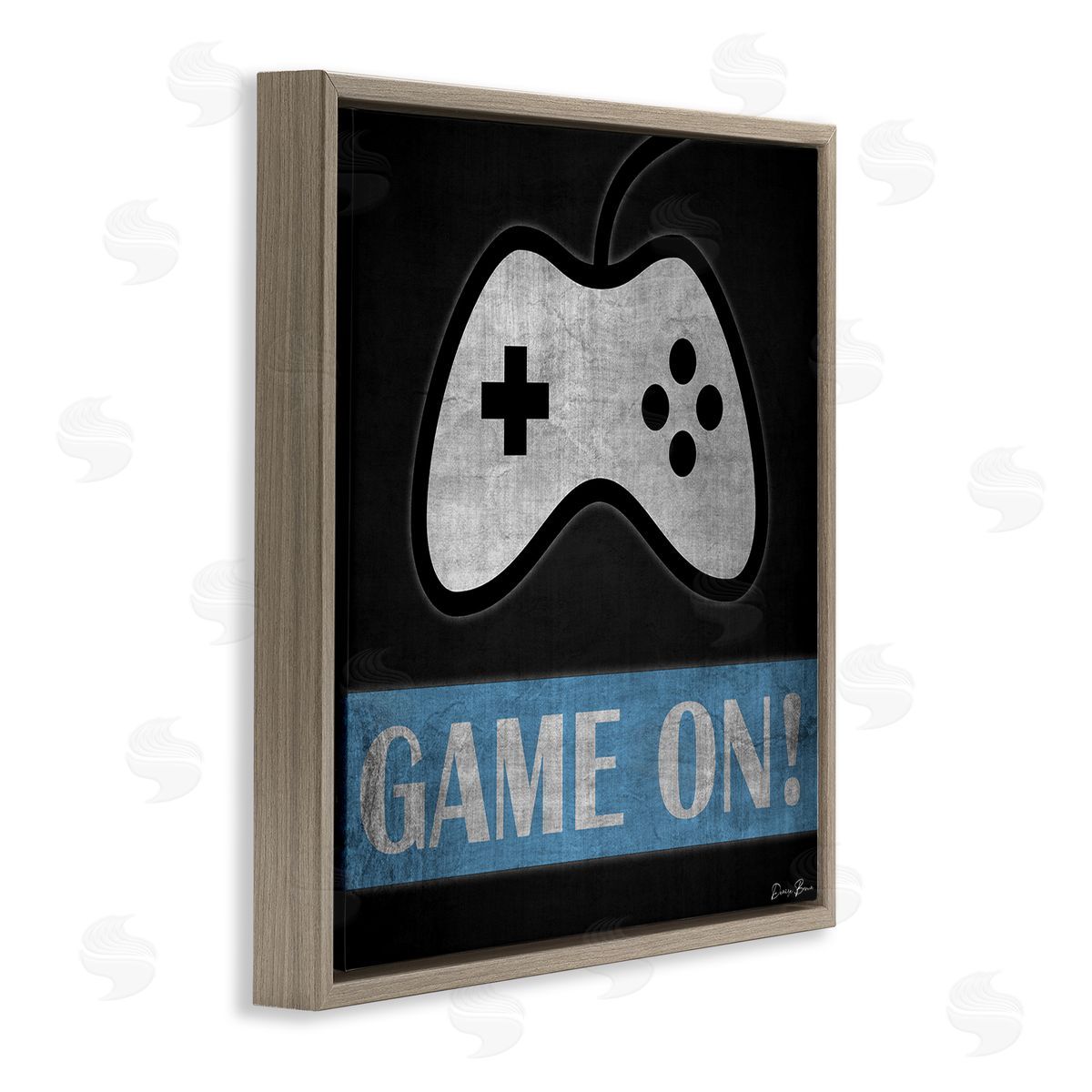 Denise Brown Game On Gamer Phrase Retro Distressed Controller Brown Floating Frame Canvas Wall Art Print