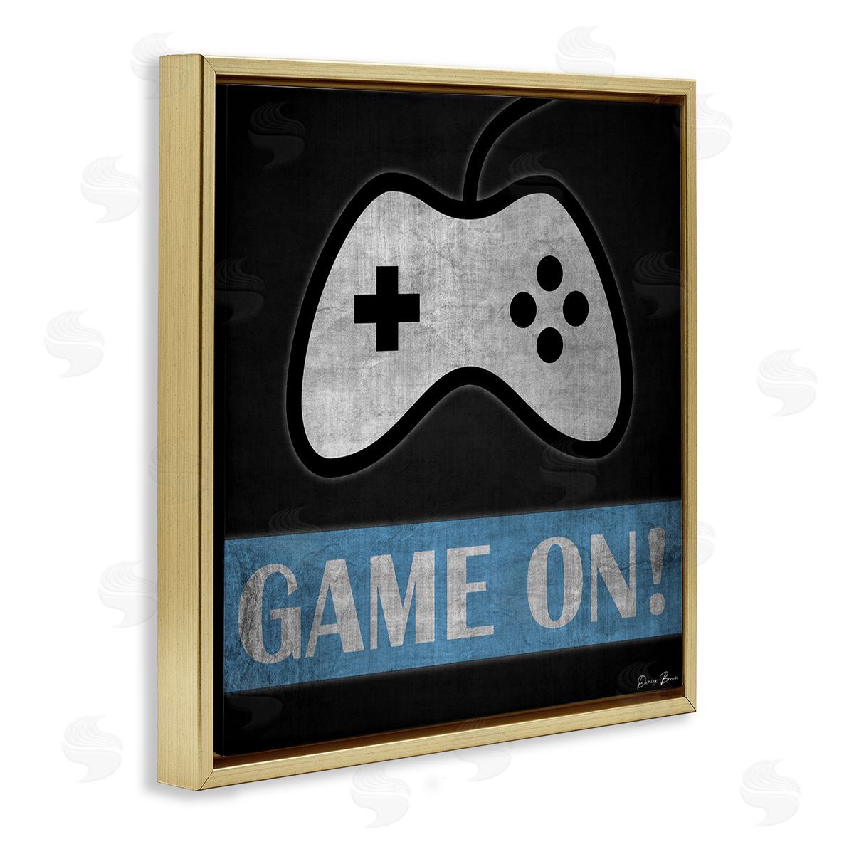 Denise Brown Game On Gamer Phrase Retro Distressed Controller Gold Floating Frame Canvas Wall Art Print
