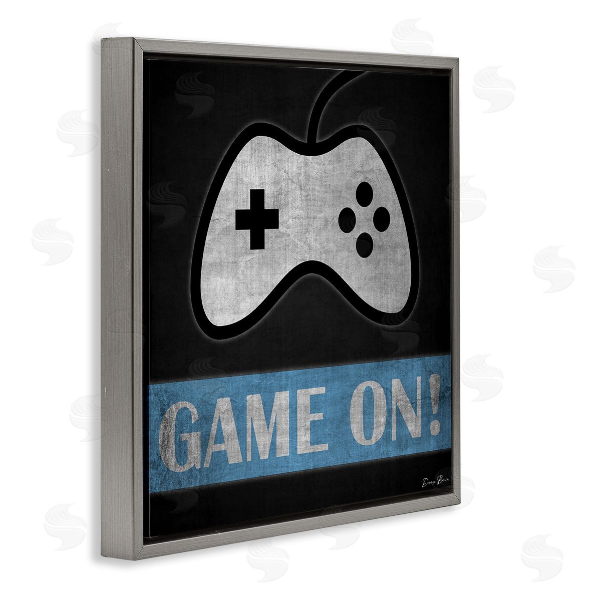 Denise Brown Game On Gamer Phrase Retro Distressed Controller Gray Floating Frame Canvas Wall Art Print
