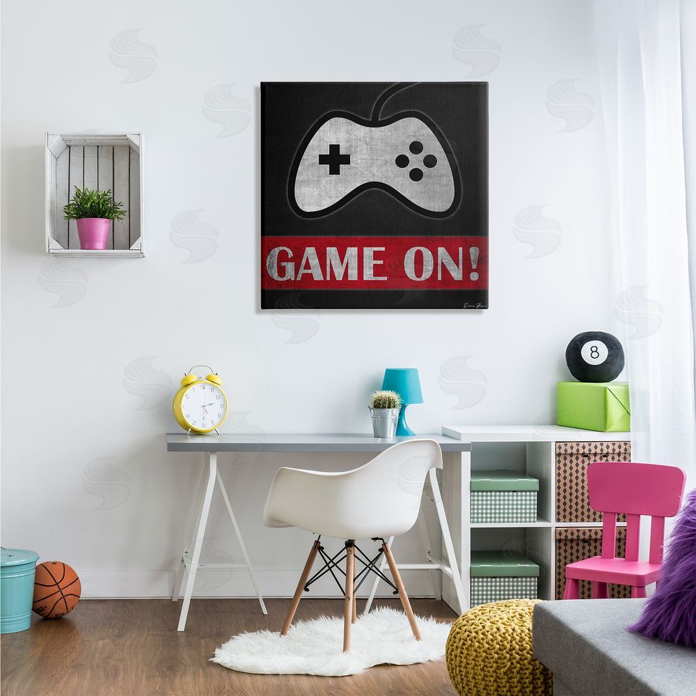 Denise Brown Game On Bold Gamer Phrase Retro Controller Canvas Wall Art in Room