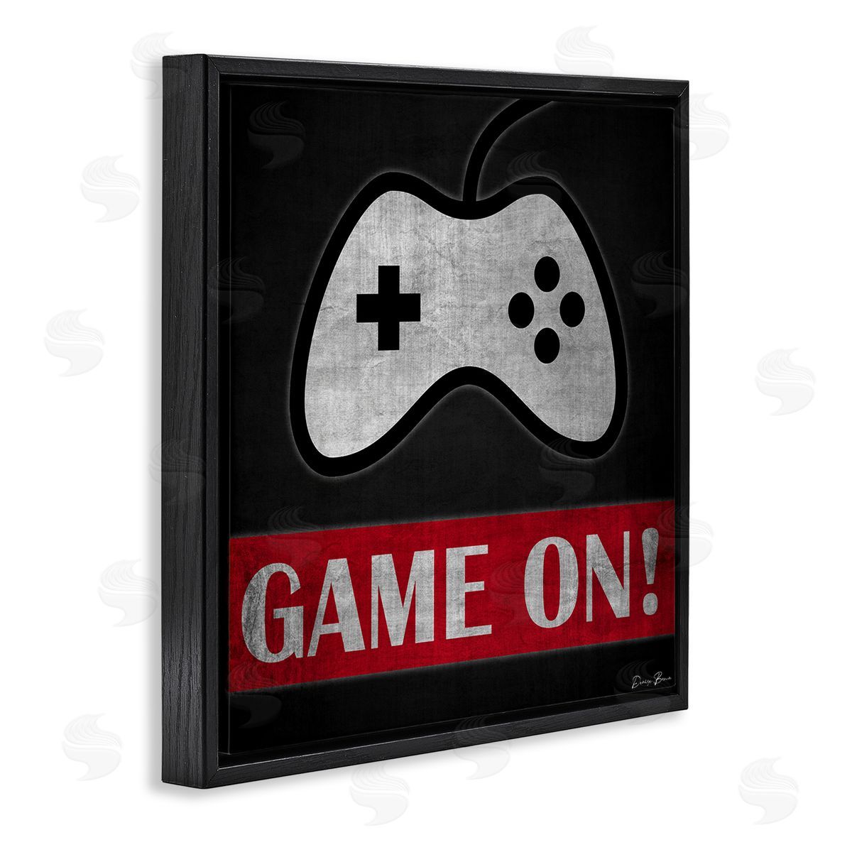 Denise Brown Game On Bold Gamer Phrase Retro Controller Black Floating Frame Canvas Wall Art Print