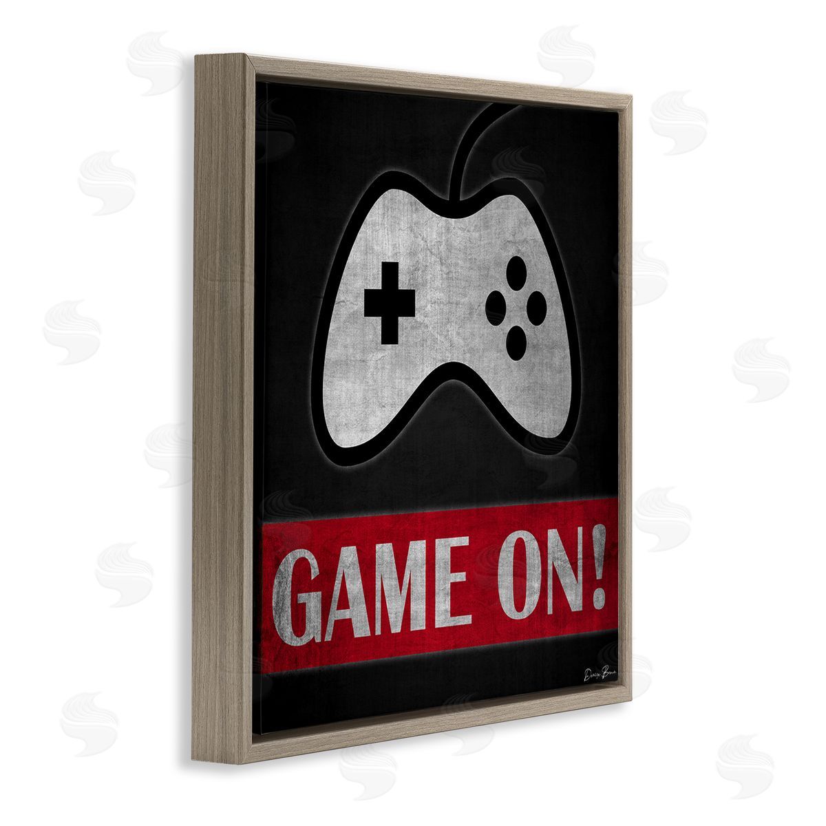 Denise Brown Game On Bold Gamer Phrase Retro Controller Brown Floating Frame Canvas Wall Art Print