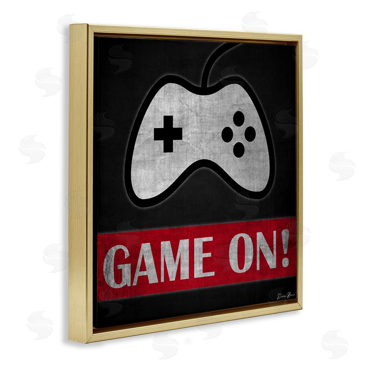 Denise Brown Game On Bold Gamer Phrase Retro Controller Gold Floating Frame Canvas Wall Art Print