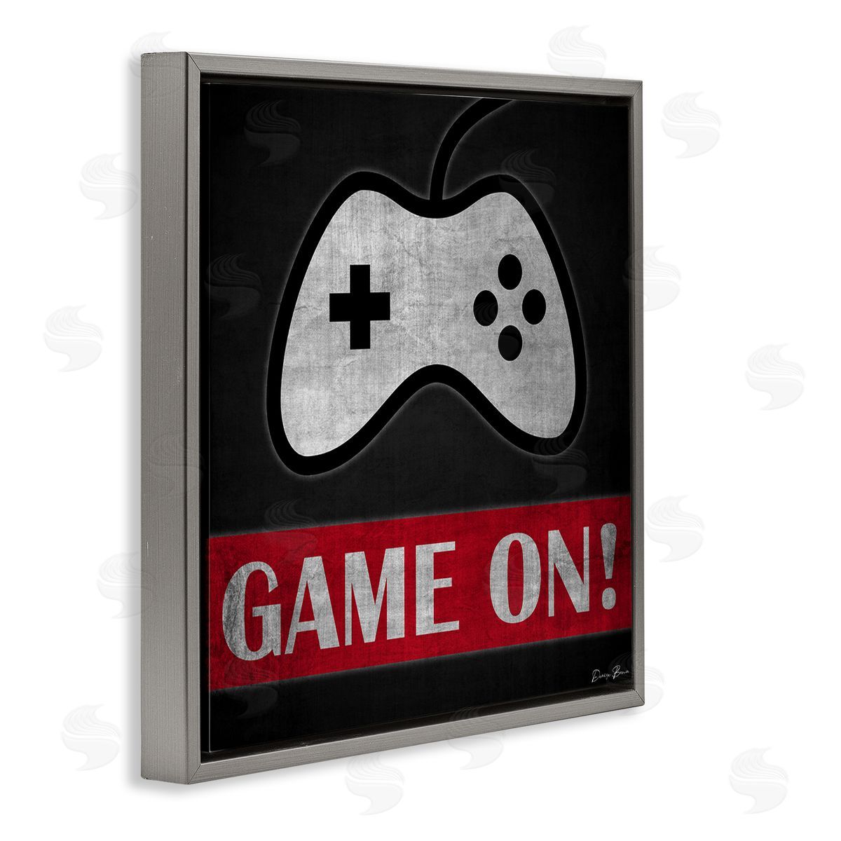 Denise Brown Game On Bold Gamer Phrase Retro Controller Gray Floating Frame Canvas Wall Art Print