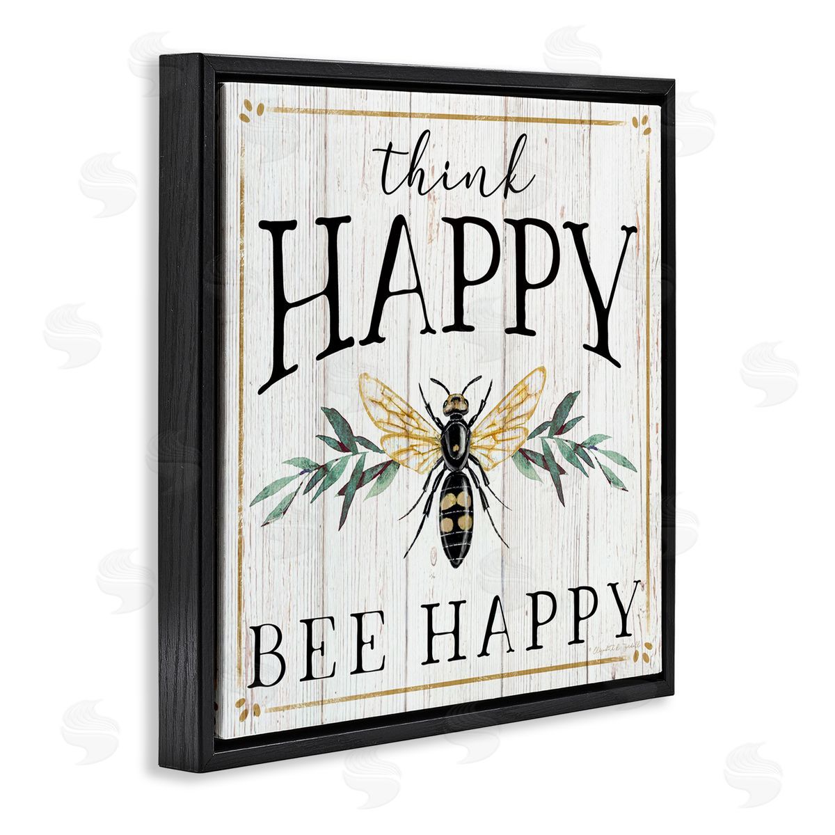 Elizabeth Tyndall Think Happy Bee Happy Phrase Insect Pun Black Floating Frame Canvas Wall Art Print