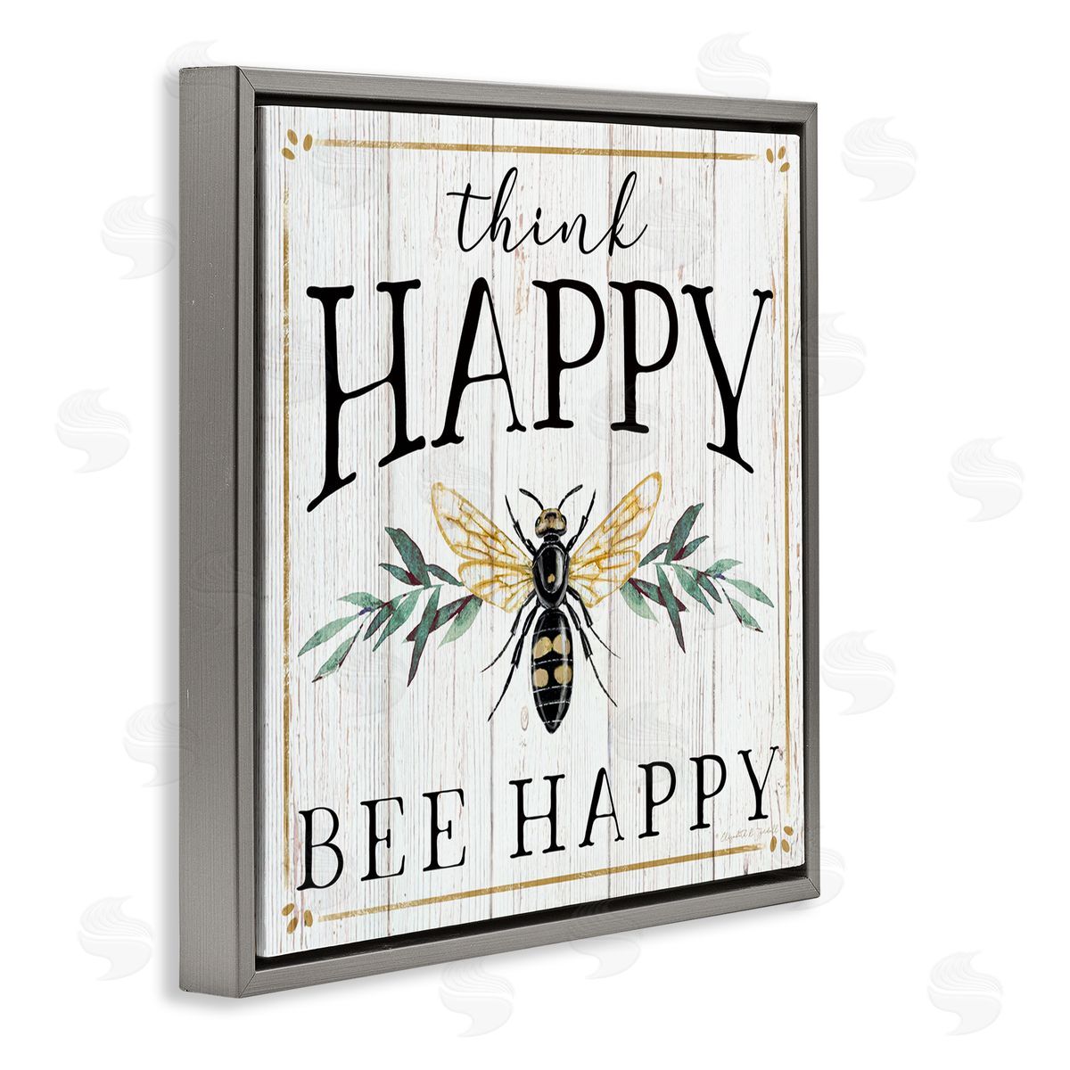 Elizabeth Tyndall Think Happy Bee Happy Phrase Insect Pun Gray Floating Frame Canvas Wall Art Print