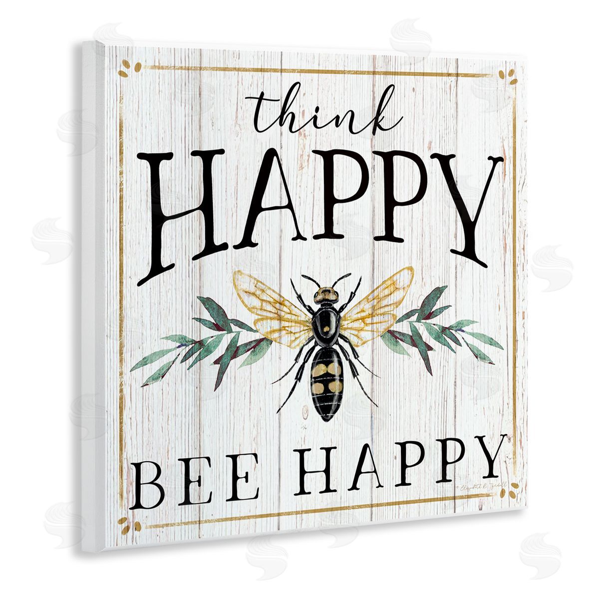 Elizabeth Tyndall Think Happy Bee Happy Phrase Insect Pun Wooden Wall Plaque Art Print