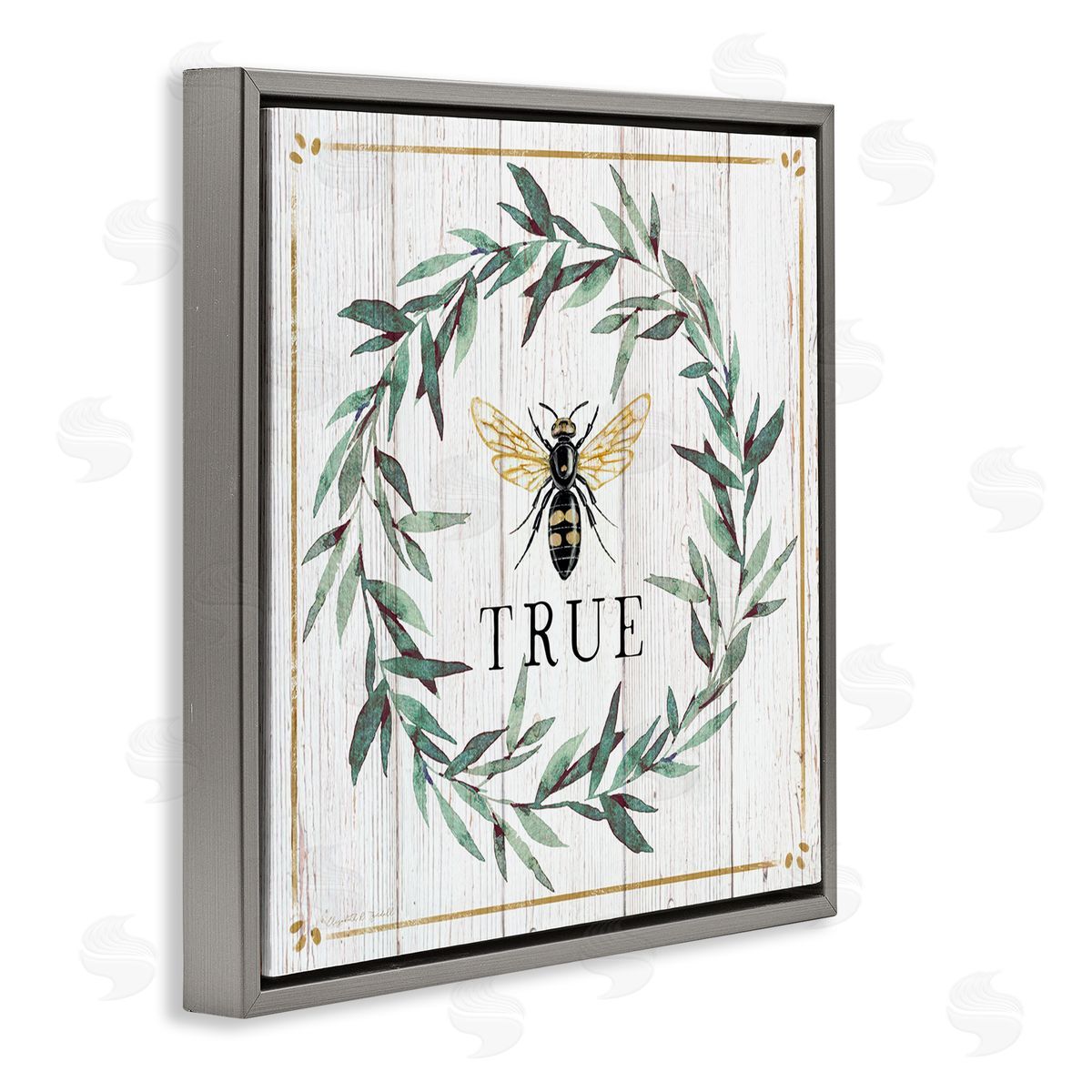 Elizabeth Tyndall Bee True Sentiment Country Floral Insect Pun Gray Floating Frame Canvas Wall Art Print