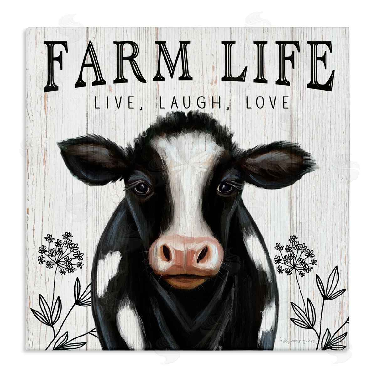 Elizabeth Tyndall Farm Life Dairy Cow Sign Wildflower Florals Stretched Canvas Wall Art Print
