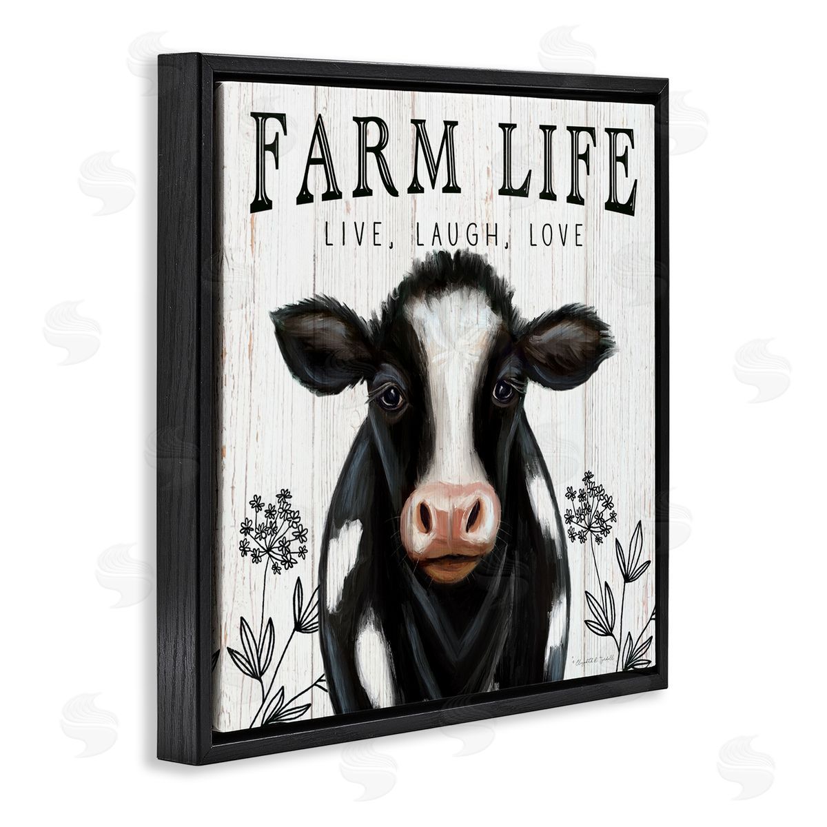 Elizabeth Tyndall Farm Life Dairy Cow Sign Wildflower Florals Black Floating Frame Canvas Wall Art Print