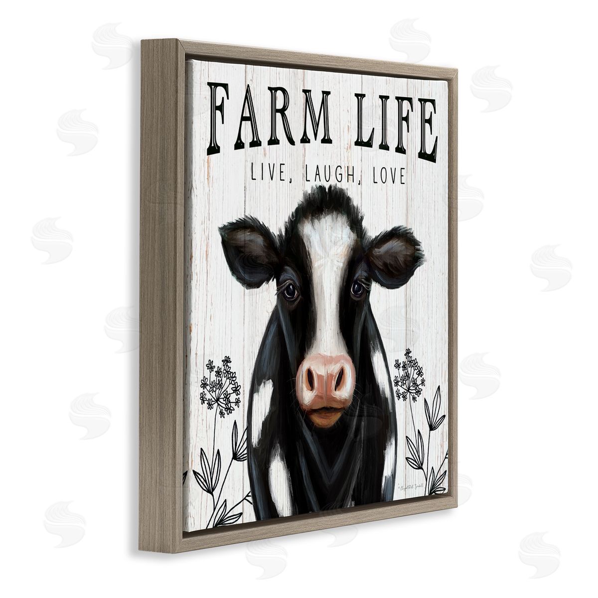 Elizabeth Tyndall Farm Life Dairy Cow Sign Wildflower Florals Brown Floating Frame Canvas Wall Art Print