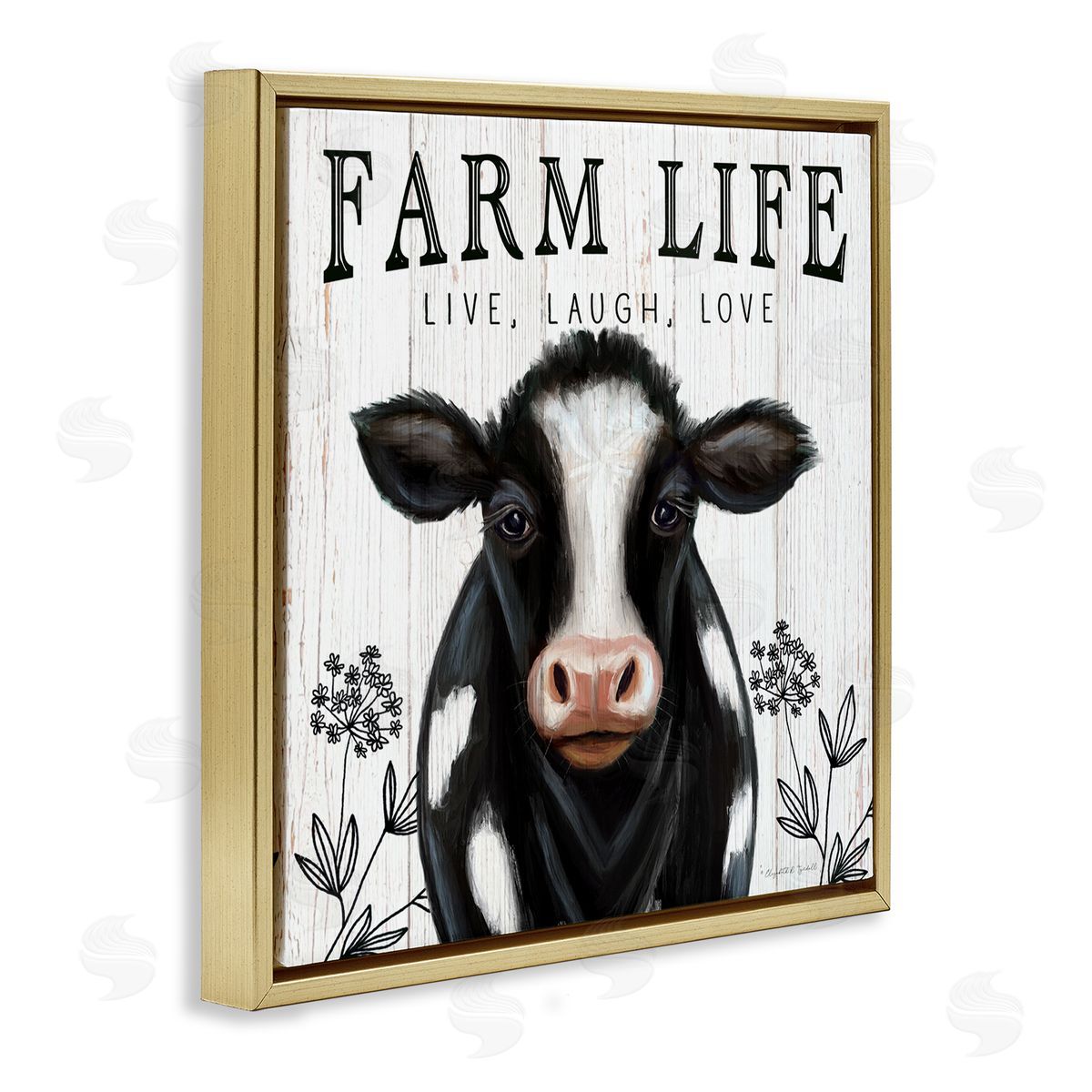 Elizabeth Tyndall Farm Life Dairy Cow Sign Wildflower Florals Gold Floating Frame Canvas Wall Art Print