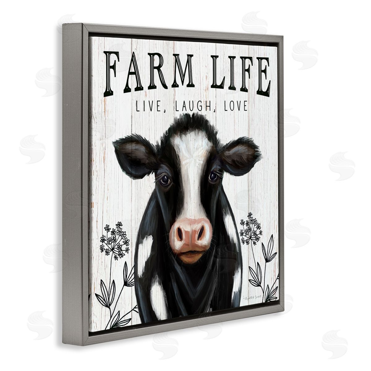 Elizabeth Tyndall Farm Life Dairy Cow Sign Wildflower Florals Gray Floating Frame Canvas Wall Art Print